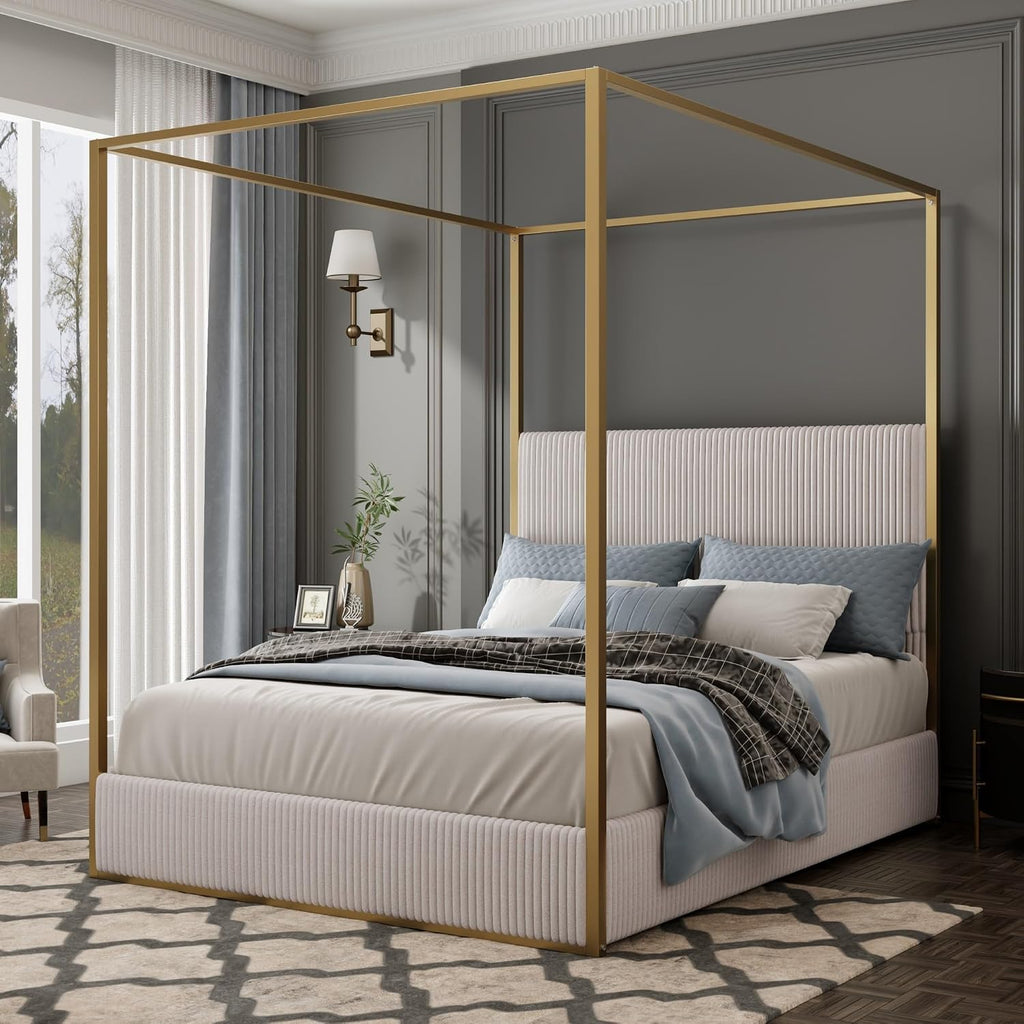 Harper & Bright Designs Luxury Canopy Bed with Tall Corduroy Upholstered Headboard, King Size Upholstered Canopy Bed with Wood Slat Support and Four Poster, No Box Spring Needed, Gold + Beige