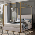 Harper & Bright Designs Luxury Canopy Bed with Tall Corduroy Upholstered Headboard, King Size Upholstered Canopy Bed with Wood Slat Support and Four Poster, No Box Spring Needed, Gold + Beige