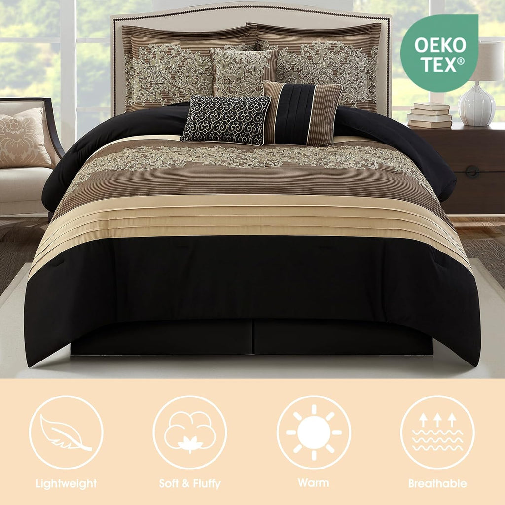 LANCO MODERN LIFESTYLE Black Gold Comforter Set, California King, Damask Jacquard with Matching Solid Piece Work, 7 Piece Soft Bedd Set for All Season, Bed Skirt, Pillow Shams and Decorative Pillows