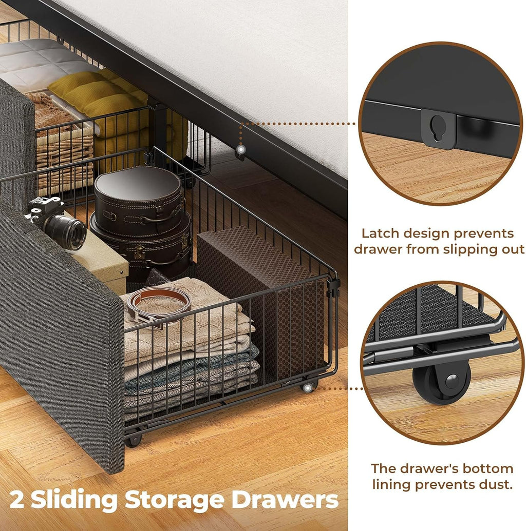 Rolanstar Bed Frame Queen Size with Charging Station and LED Lights, Upholstered Headboard with Storage Shelves, Heavy Duty Metal Slats, No Box Spring Need, Noise Free, Easy Assembly, Dark Grey
