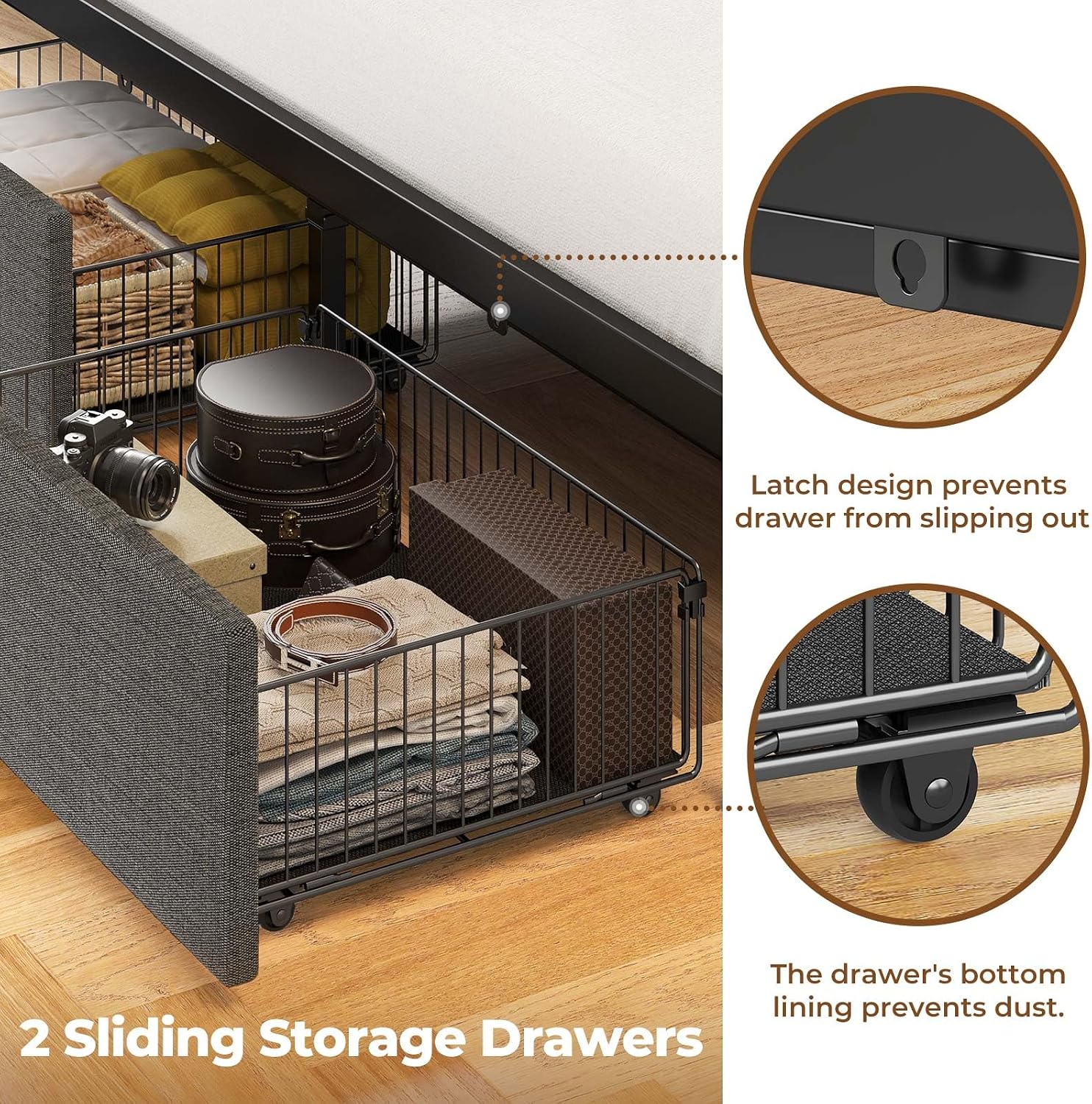 Rolanstar Bed Frame Queen Size with Charging Station and LED Lights, Upholstered Headboard with Storage Shelves, Heavy Duty Metal Slats, No Box Spring Need, Noise Free, Easy Assembly, Dark Grey
