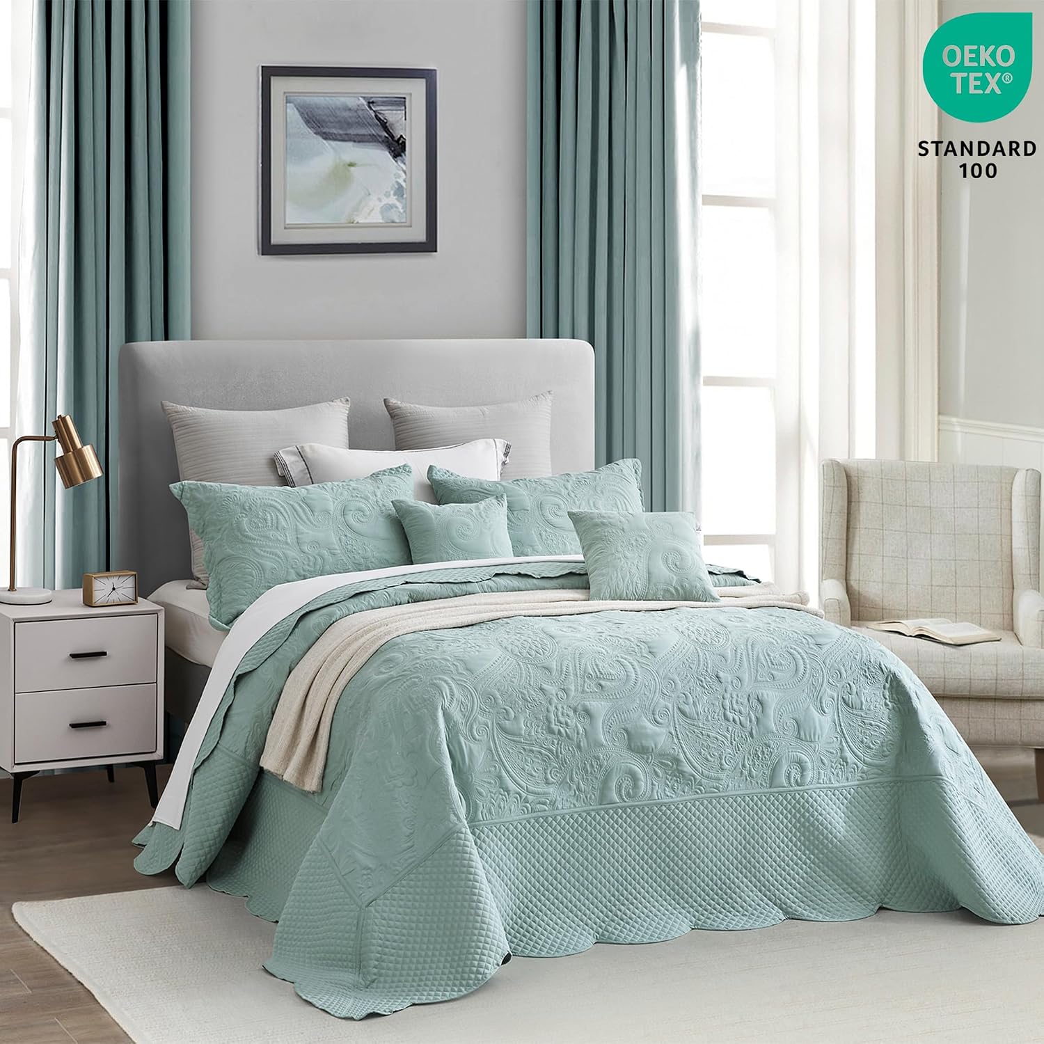 Oversized King Bedspread, Paisley Pattern Design, Lightweight Bedding Cover, Reversible, 5 Piece, 100% Microfiber, Seaglass