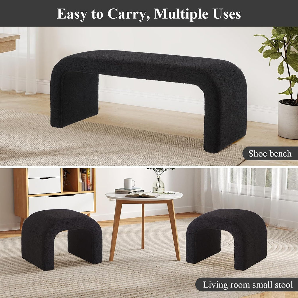 3-Piece Modern Ottoman Bench Set, 44' Wide Teddy Upholstered End of Bed Bench with 2 Foot Stools, Padded U-Shaped Entry Bench Vanity Stool for Living Room Bedroom (Black)