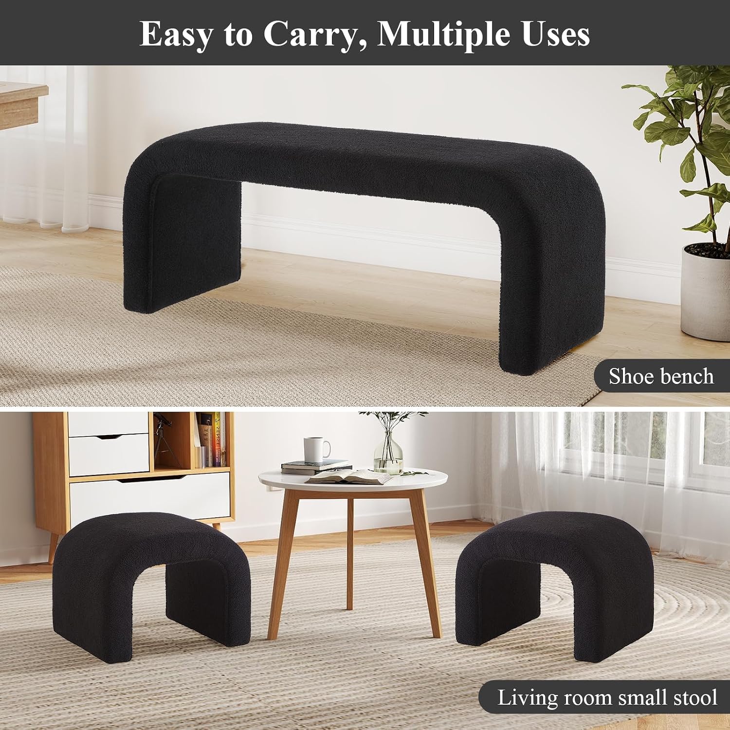 3-Piece Modern Ottoman Bench Set, 44' Wide Teddy Upholstered End of Bed Bench with 2 Foot Stools, Padded U-Shaped Entry Bench Vanity Stool for Living Room Bedroom (Black)