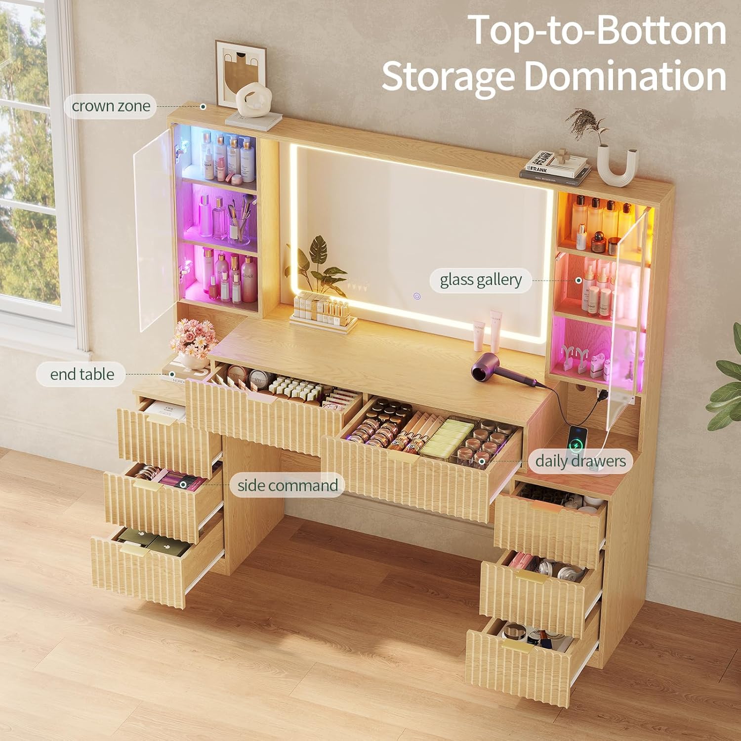 HAUOMS Big Vanity, Fluted Wood Makeup Vanity Desk with Mirror and Sound Sync LED Lights, Large Vanity Dressing Table, 8 Drawers, Charging Station for Girls, Women (Oak, 59.1' Width)