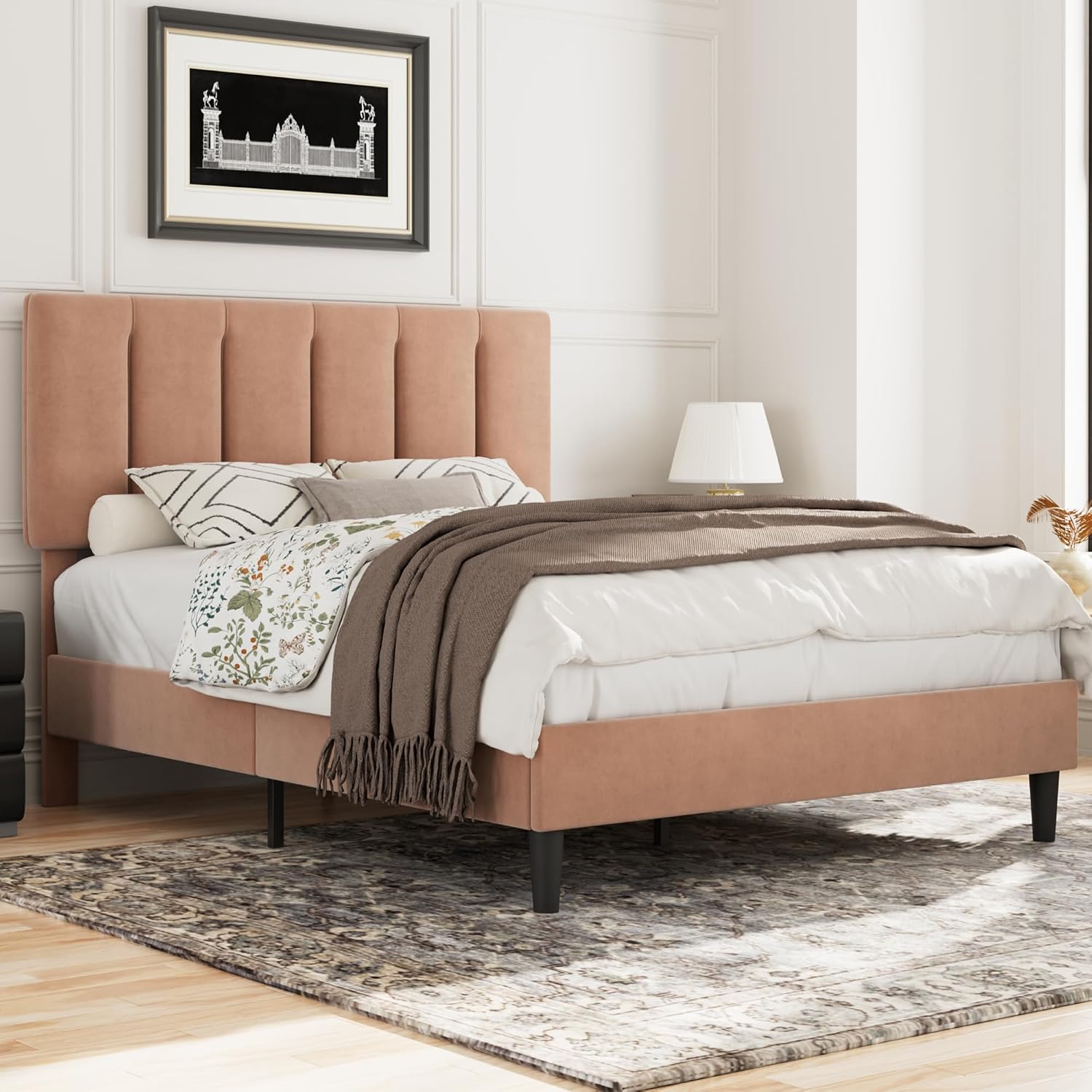 VECELO Queen Size Bed Frame with Upholstered Headboard, Heavy-Duty Bedframe with Wooden Slats & Steel Framework, Easy Assembly, Coffee