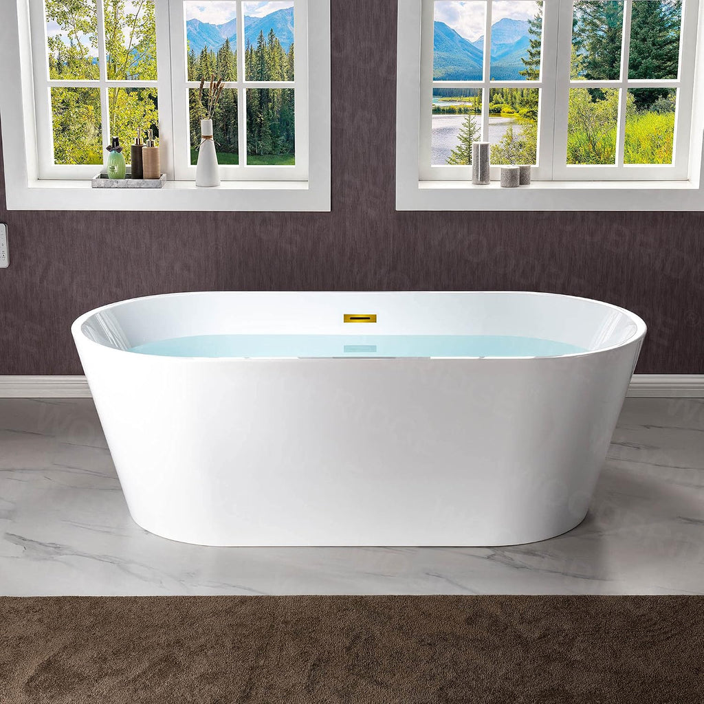 WOODBRIDGE 67' Acrylic Freestanding Bathtub Contemporary Soaking White Tub with Brushed Gold Overflow and Drain，B0013 -BG-Drain &O