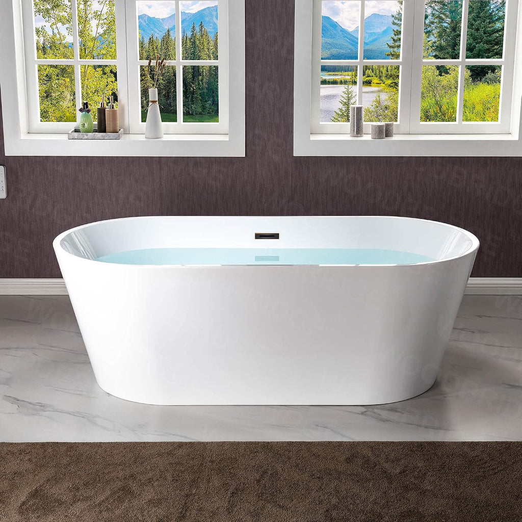 WOODBRIDGE 67' Acrylic Freestanding Bathtub Contemporary Soaking White Tub with Oil-Rubbed Bronze Overflow and Drain，B0013-ORB