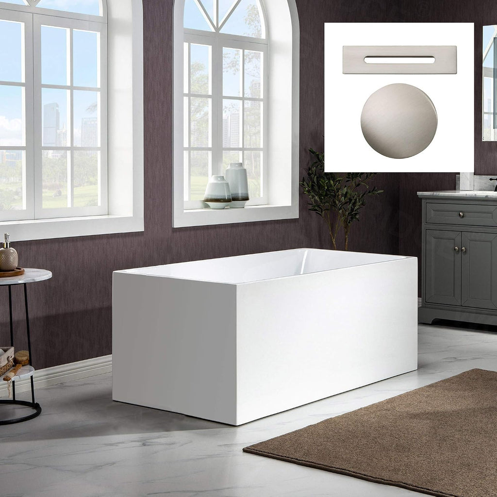 WOODBRIDGE 59' Acrylic Freestanding Bathtub Contemporary Soaking White Tub with Brushed Nickel Overflow and Drain，B0085-B/N-Drain&O