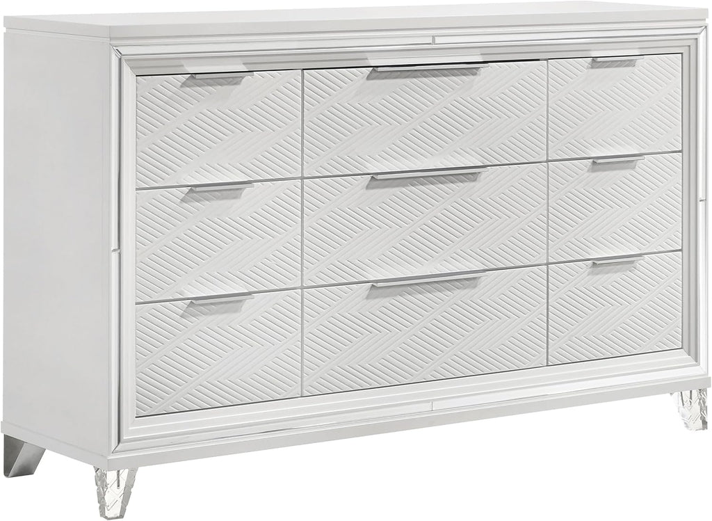 Coaster Home Furnishings Marmore Contemporary 4-Piece Bedroom Set Boucle Upholstered Queen Size LED Panel Bed Frame 64-inch Headboard White 224961Q-S4