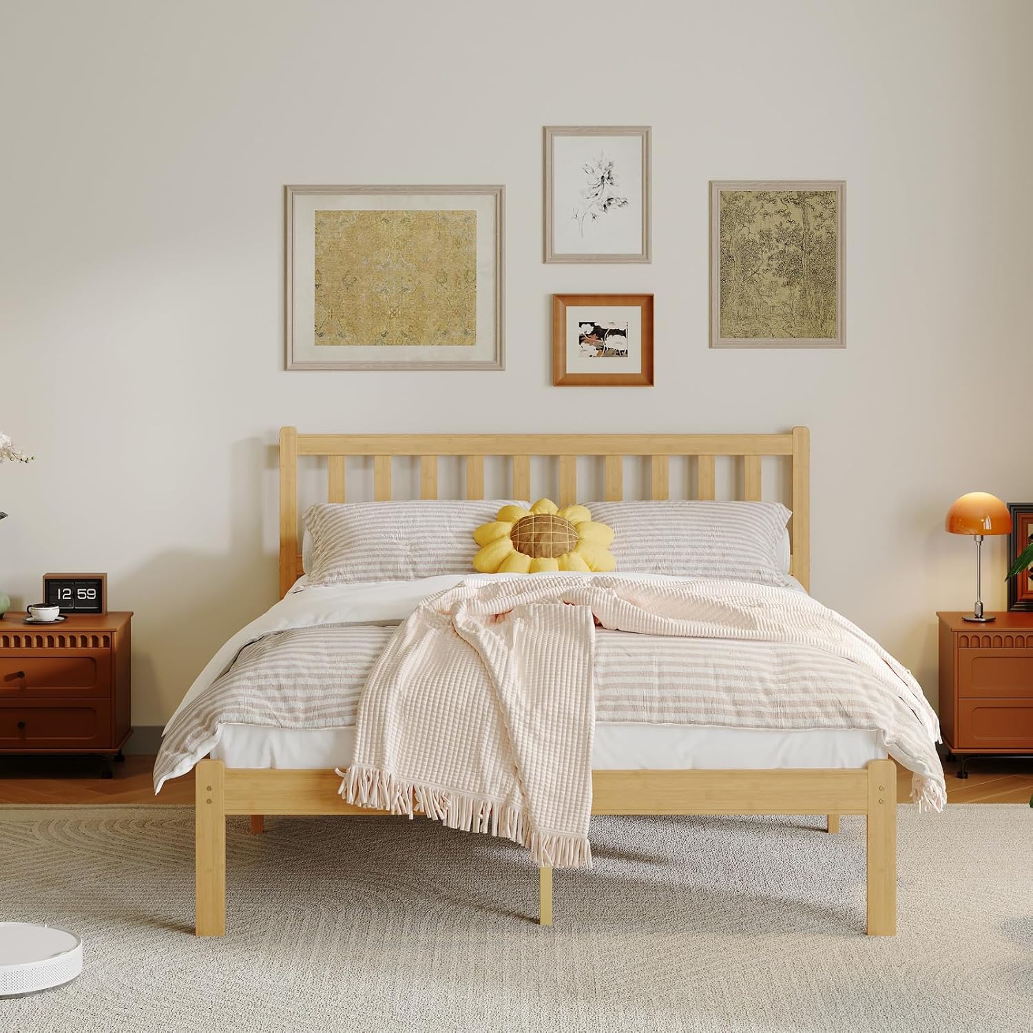 12 in High Solid Bamboo Wood Full Bed Frame with Headboard, Platform Full Size Bed Frame, Heavy Duty, No Box Spring Needed, Nosie Free