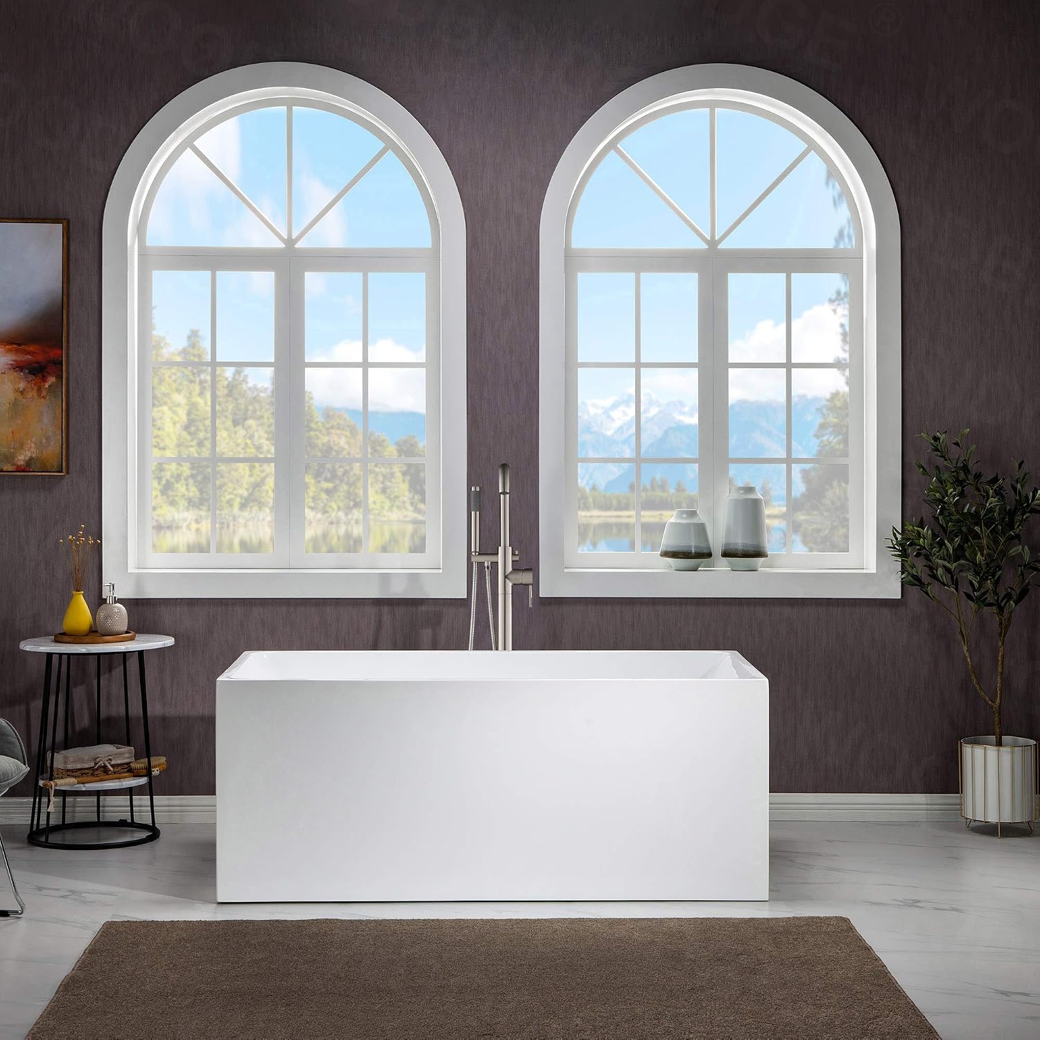 WOODBRIDGE 59' Acrylic Freestanding Bathtub Contemporary Soaking White Tub with Brushed Nickel Overflow and Drain，B0085-B/N-Drain&O
