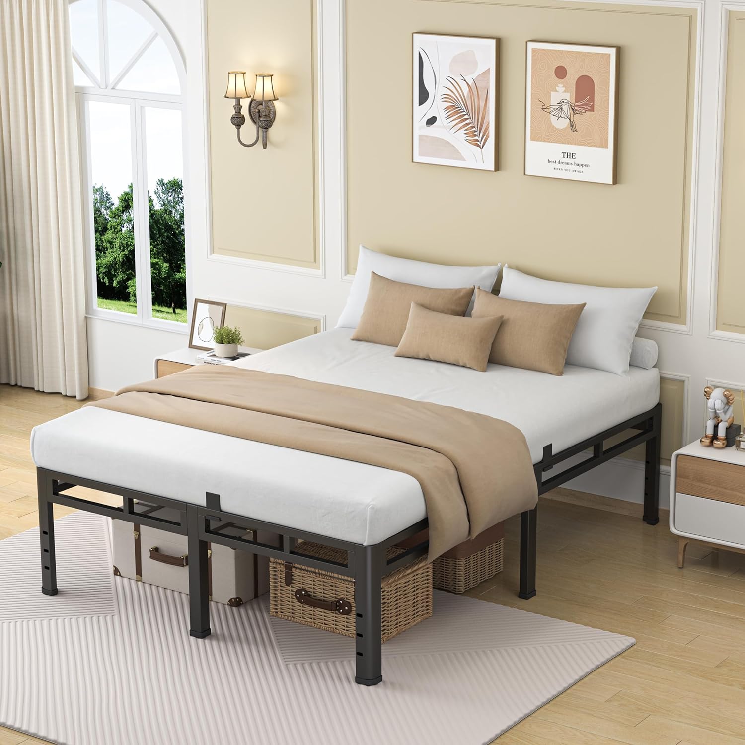 NKZ 22 Inch Queen Size Bed Frame, Metal Bed Frame & Box Spring 2 in 1 Platform with Round Corner Legs, 4000Lbs Heavy Duty Metal Frame, Mattress Slide Stopper, Headboard Hole, Noise-Free, Easy Assembly