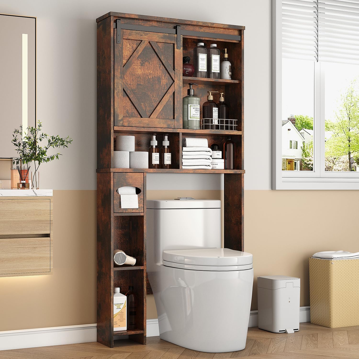 Over the Toilet Storage Cabinet with Farmhouse Sliding Barn Door, Above Toilet Organizer with Toilet Paper Holder Stand, Behind Toilet Shelf, Space Saver for Restroom, Bathroom, Laundry, Brown