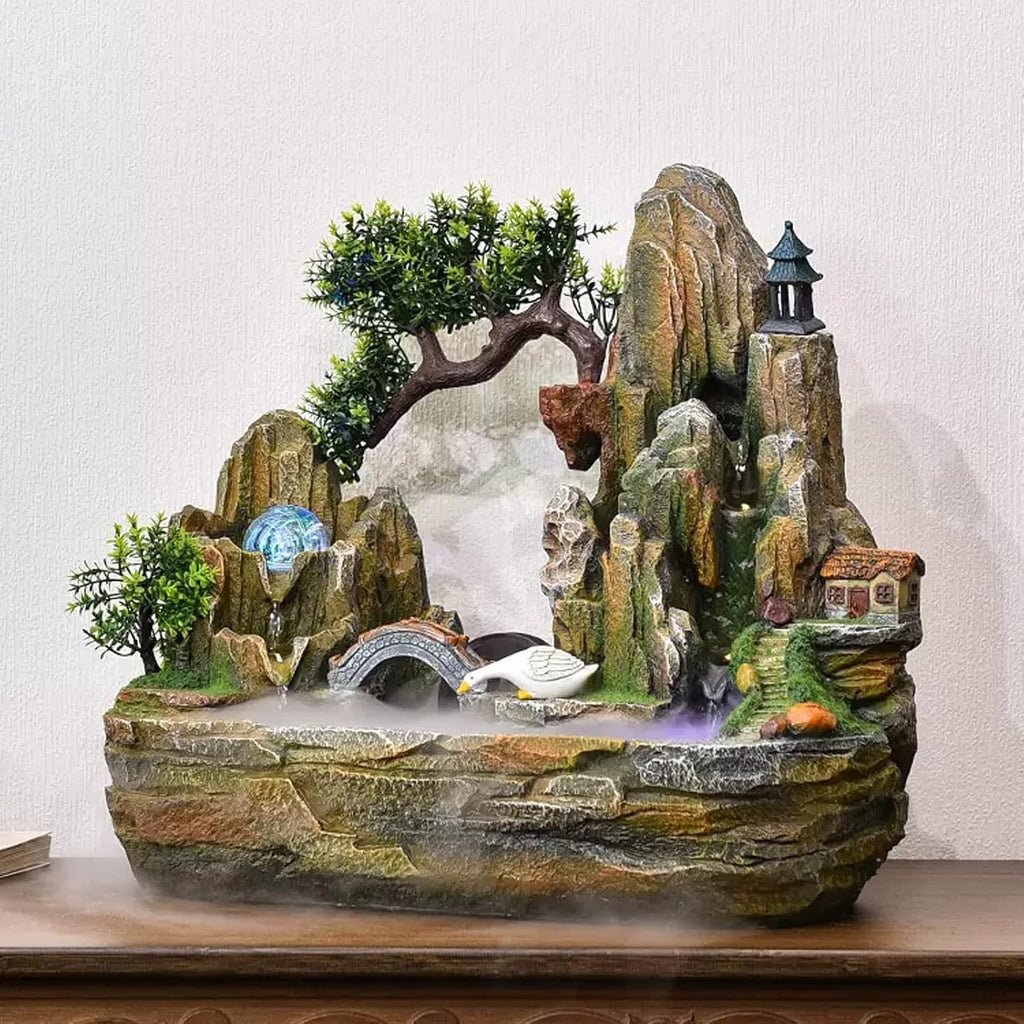 Desktop Fountain Indoor Fountain Tabletop Waterfall Rockery Fake Trees Relaxation Water Feature for Home and Office Spaces Decor(Small)