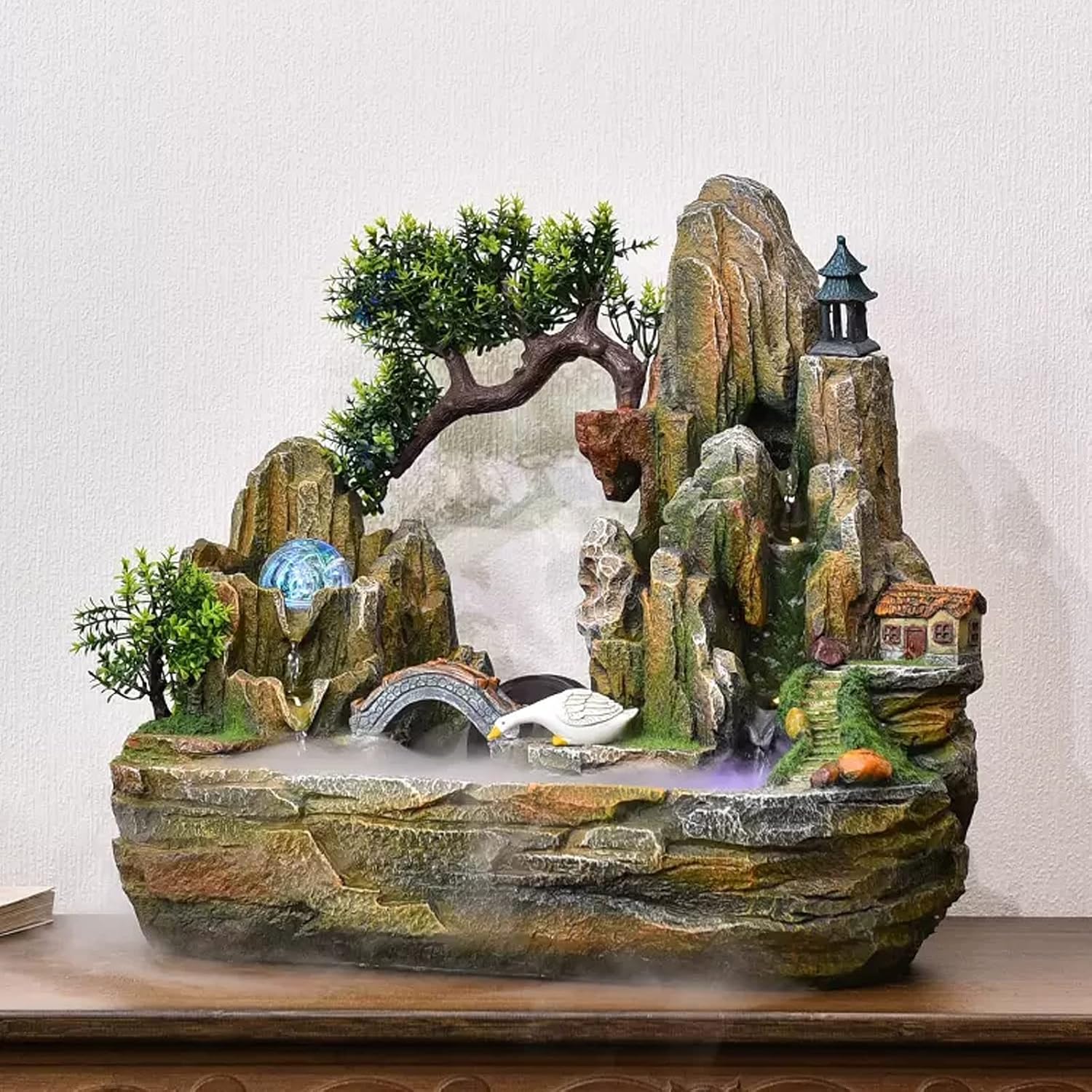 Desktop Fountain Indoor Fountain Tabletop Waterfall Rockery Fake Trees Relaxation Water Feature for Home and Office Spaces Decor(Small)