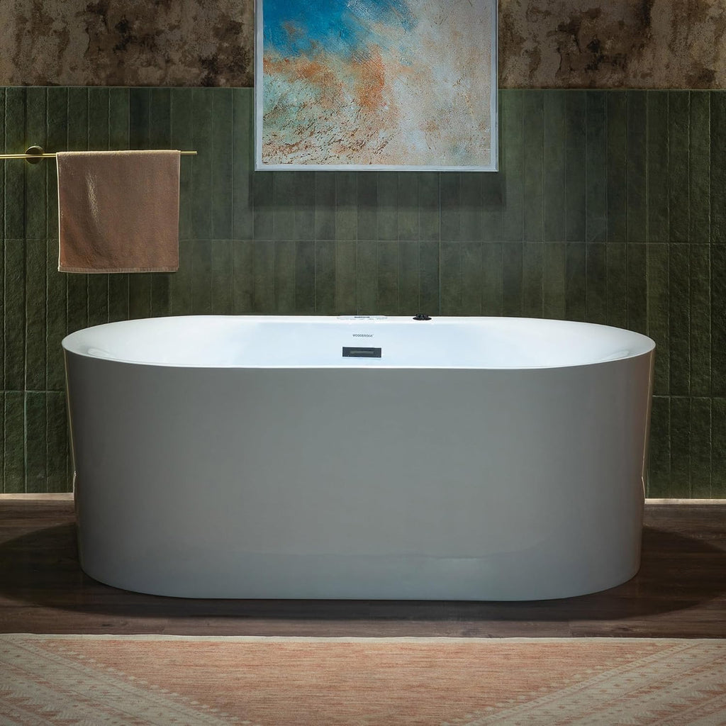 WOODBRIDGE 59' x 31-1/2' Whirlpool and Air Bath Heated Soaking Combination Tub with Adjustable Speed Air Blower and Display Control Panel, Matte Black Finish Trim and Drain Kit, BM100
