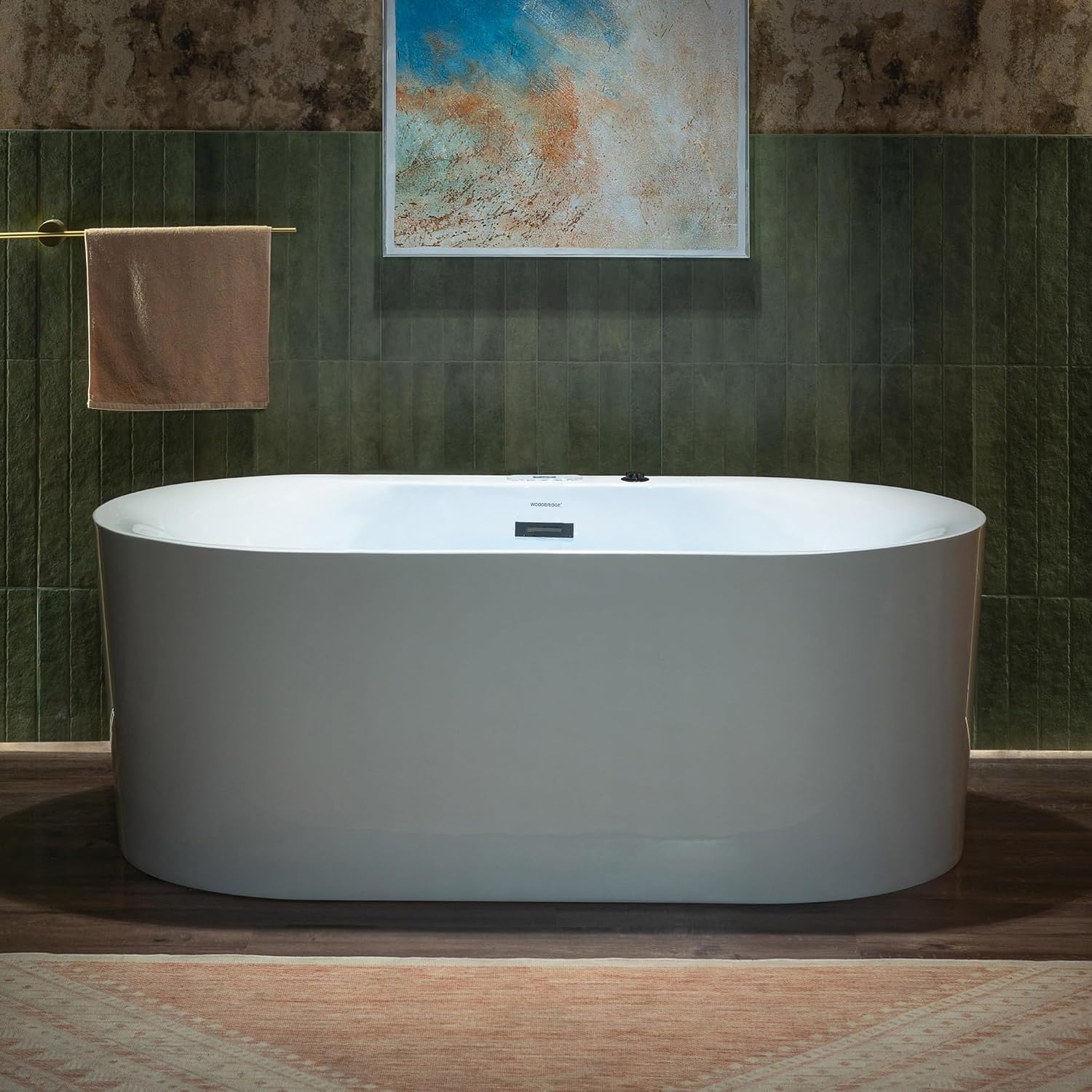 WOODBRIDGE 59' x 31-1/2' Whirlpool and Air Bath Heated Soaking Combination Tub with Adjustable Speed Air Blower and Display Control Panel, Matte Black Finish Trim and Drain Kit, BM100