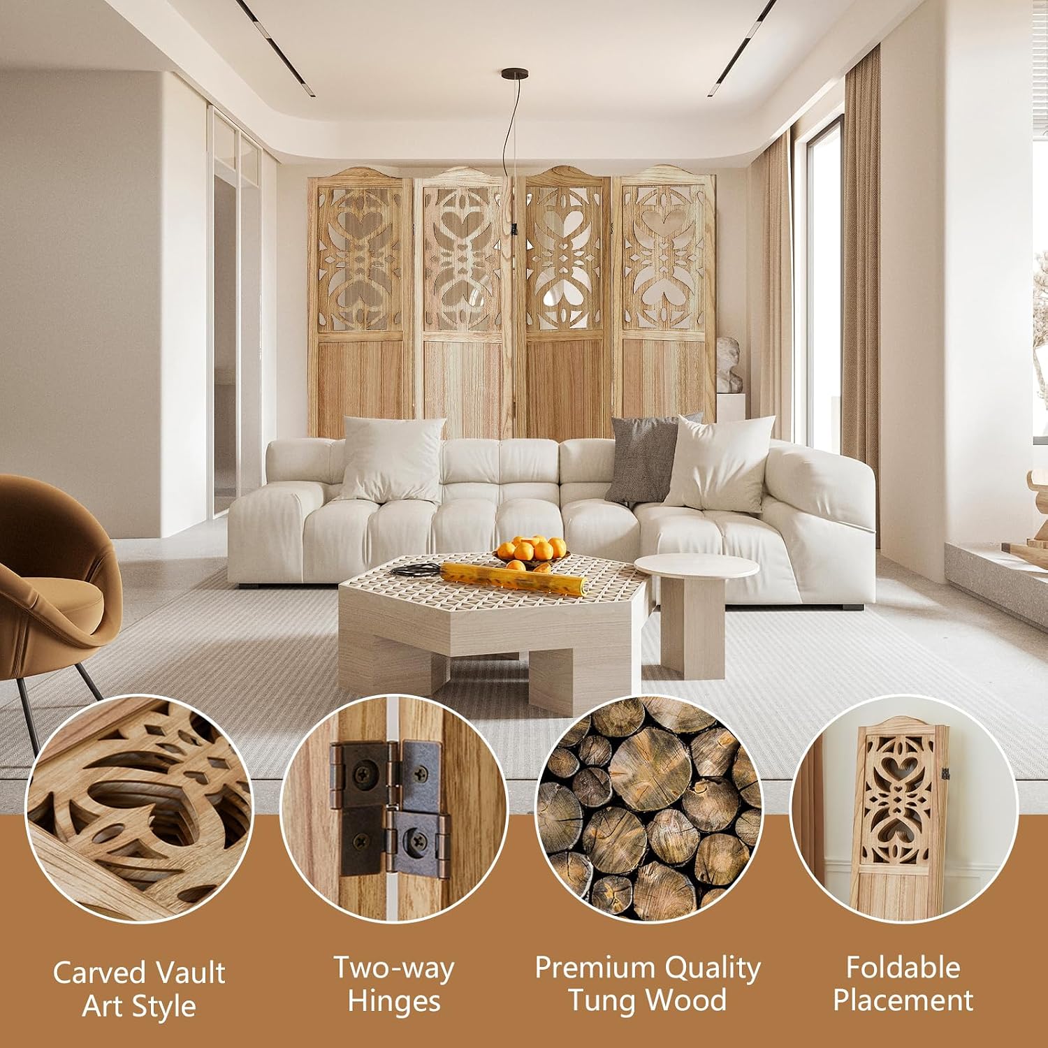 Wood Room Divider 4 Panel 5.6Ft Carved Room Divider and Folding Privacy Screen, Minimalism Portable Partition Screen Divider for Room Separation, Room Decoration for Home Office - Natural