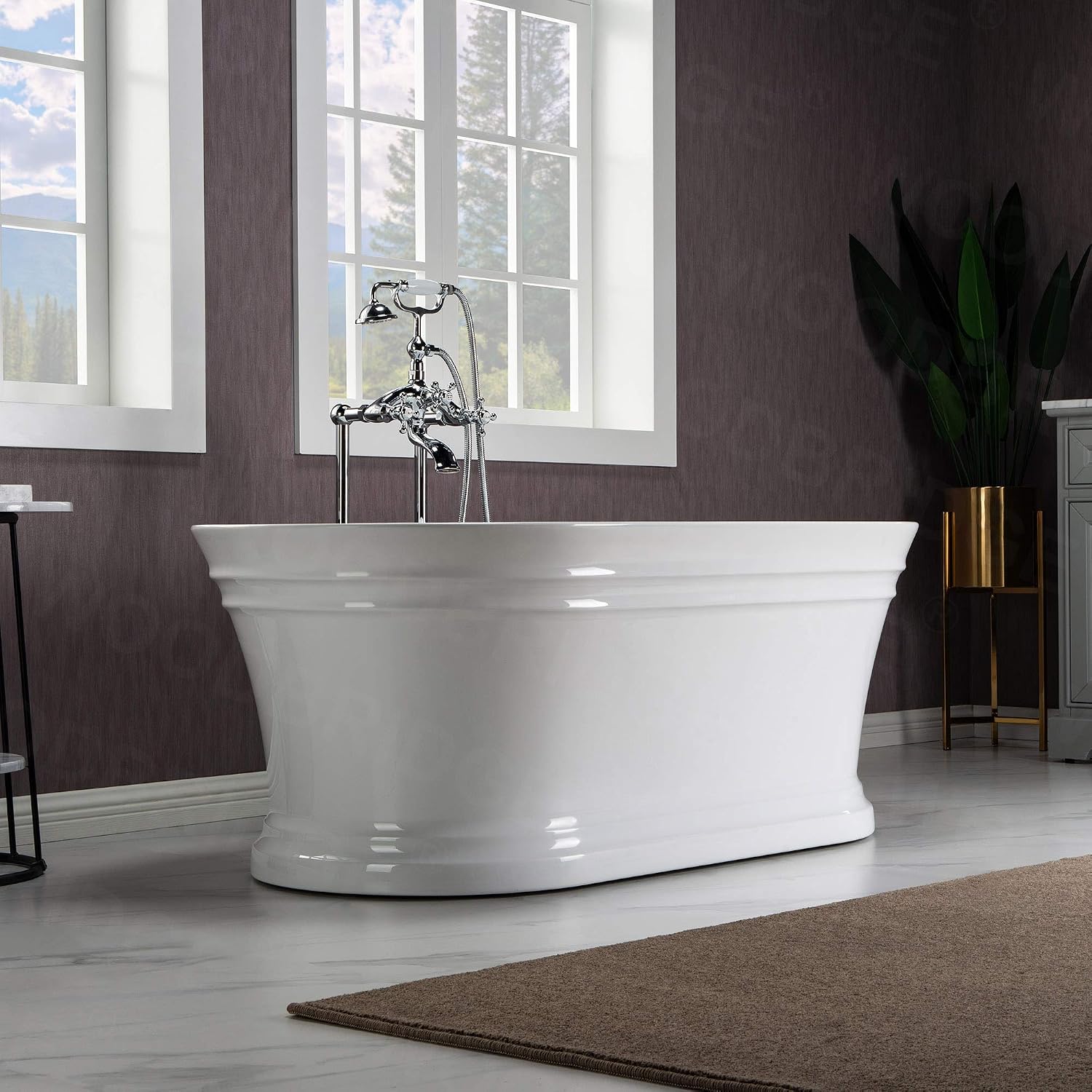 WOODBRIDGE 59'Freestanding White Acylic Soaking Bathtub with White Pillow,Drain and Overflow inChrome,BTA1536 -C-Drain &O+ Pillow