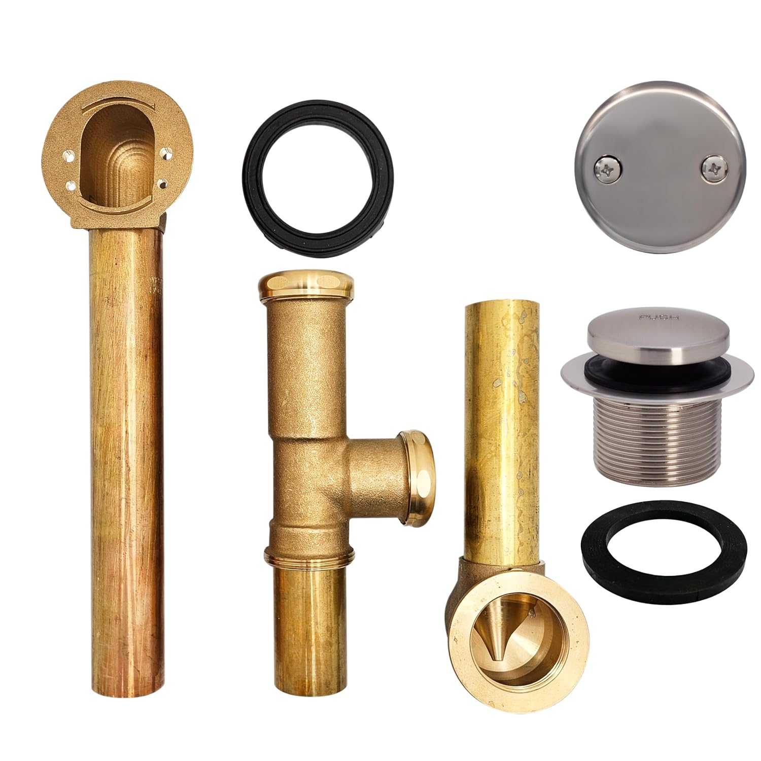Westbrass 14' 17 Gauge Brass Tip-Toe Drain Bath Waste and Overflow with 2-Hole Faceplate, Satin Nickel, D325-07