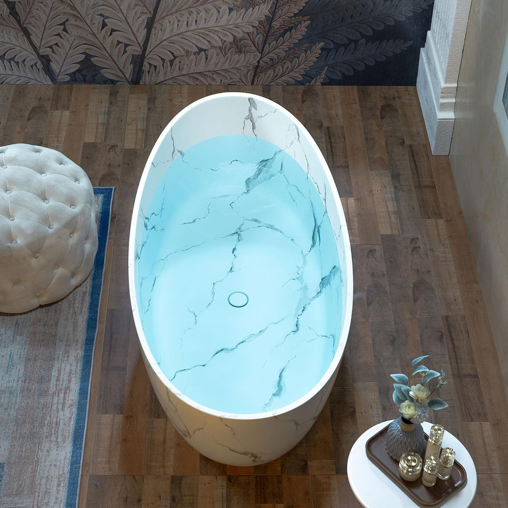 WOODBRIDGE 69' Marble-Pattern Stone Resin Freestanding Soaking Tub, Modern Oval Solid Surface Bathtub with Integrated Slotted Overflow & Drain, Matte Finish, CST0715