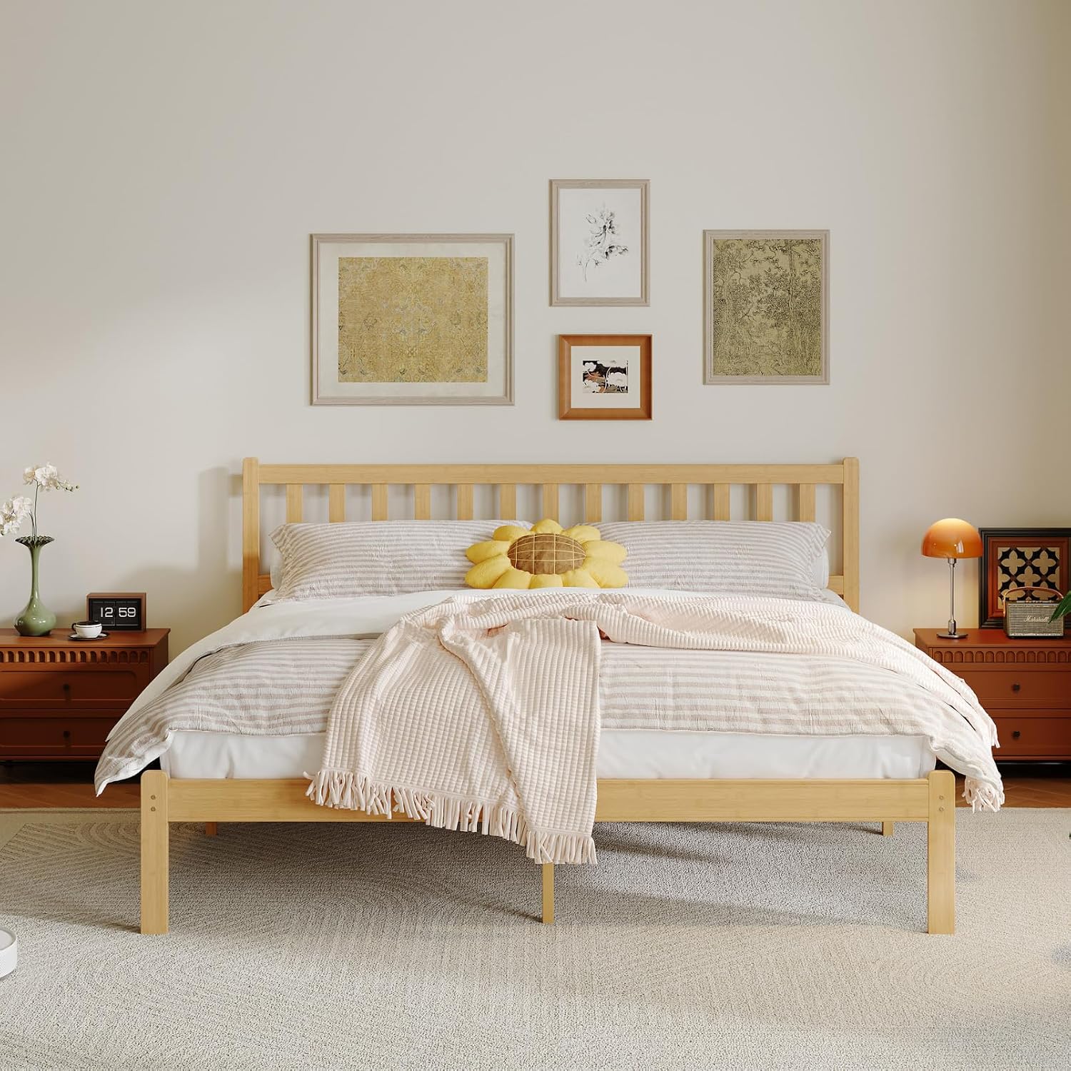 12 in High Solid Bamboo Wood King Size Bed Frame with Headboard, Platform Bed Frame King, Heavy Duty, No Box Spring Needed, Nosie Free