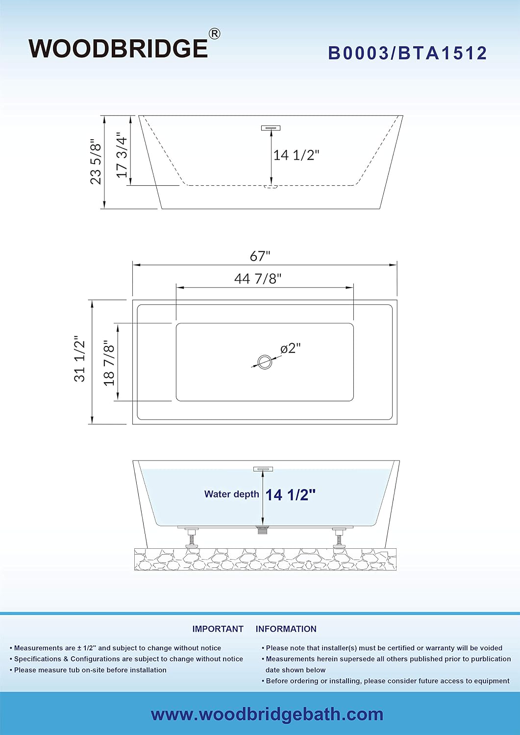 WOODBRIDGE 67' Acrylic Freestanding Bathtub Contemporary Soaking White Tub with Oil Rubbed Bronze Overflow and Drain，BTA1512-ORB-Drain&O