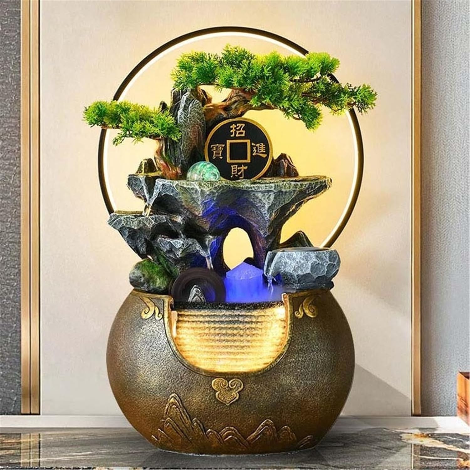 Tabletop Water Fountain Tabletop Water Fountain Rockery with Waterfall and Fountain Decorative Piece for Home Office Decor Office Relaxation Meditation Fountain(Brown)