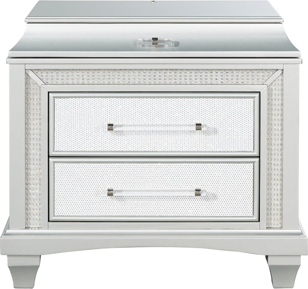 Furniture of America Silvia Glam Solid Wood 5-Piece Bedroom Set with Layered Frame Bed, Faux Crystal Trim LED on Nightstands and Dresser with Mirror, Box Spring Needed for Bedroom, King, Silver