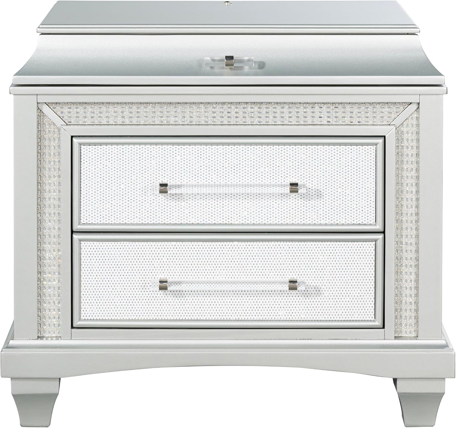 Furniture of America Silvia Glam Solid Wood 5-Piece Bedroom Set with Layered Frame Bed, Faux Crystal Trim LED on Nightstands and Dresser with Mirror, Box Spring Needed for Bedroom, King, Silver