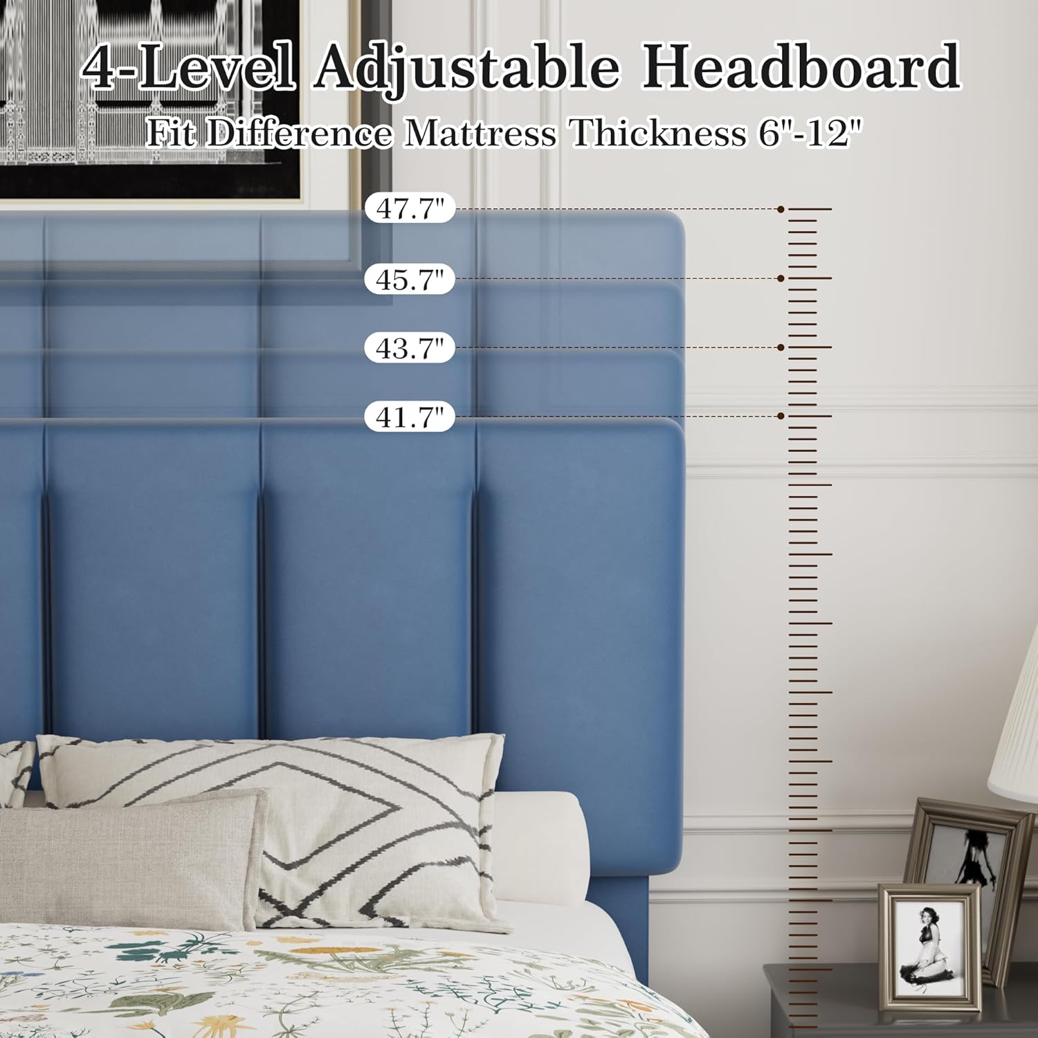 VECELO Queen Bed Frame with Upholstered Headboard, Heavy-Duty Platform Bedframe with Strong Wooden Slats Support, No Boxing Spring Needed, Dark Blue