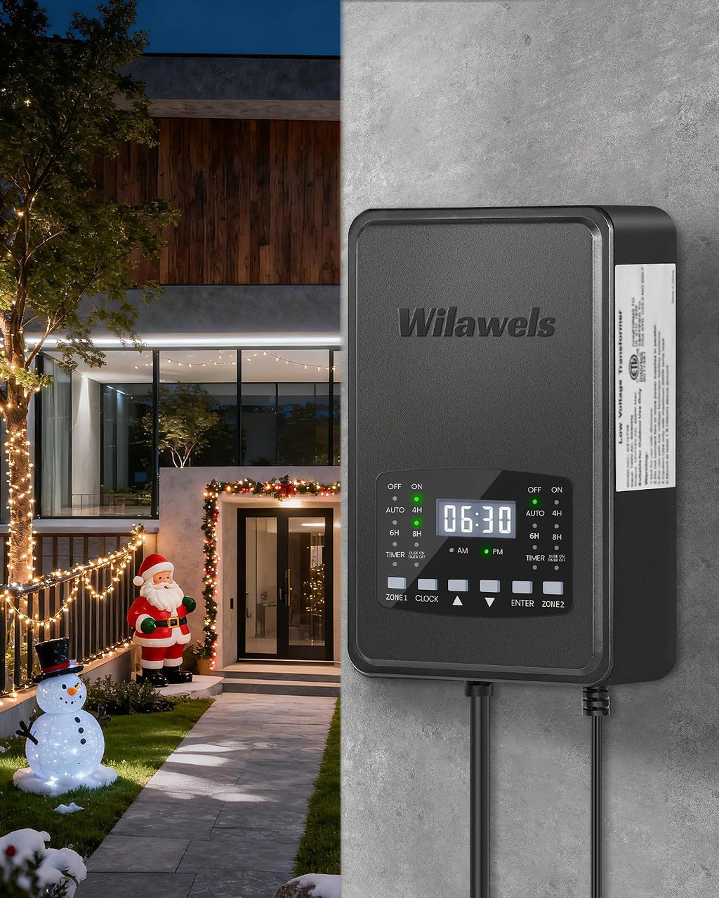 600W Low Voltage Landscape Transformer, 2 Zone Independent Control Landscape Lighting Transformer, 120VAC to 12/14V AC Low Voltage Transformer with Timer & Photocell Sensor ETL Listed D25LT06