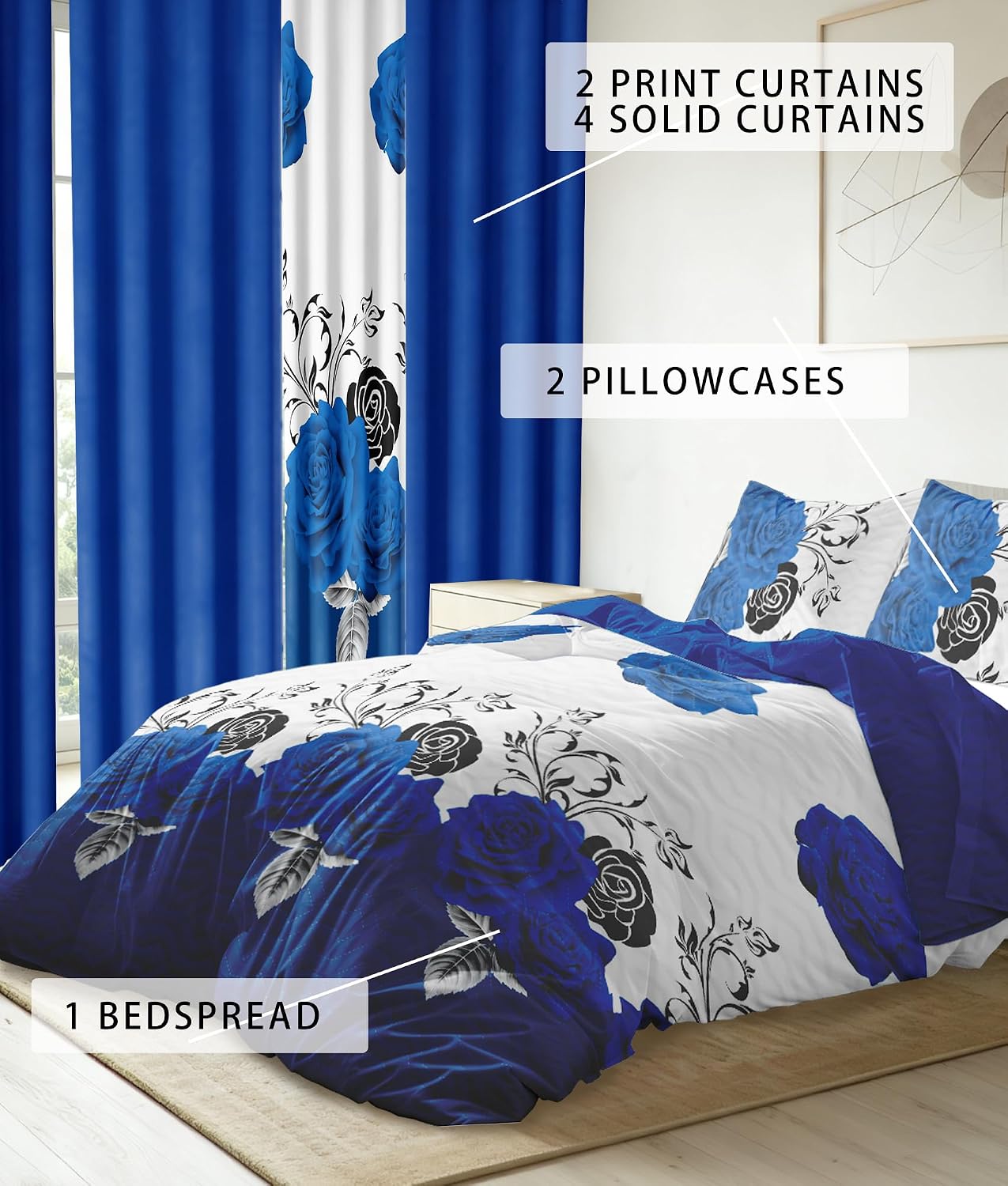 9-Piece Queen Microfiber Bedspreads with Matching Curtains | Blue Rose Matching Curtains and Bedding Sets | Luxe Floral Design