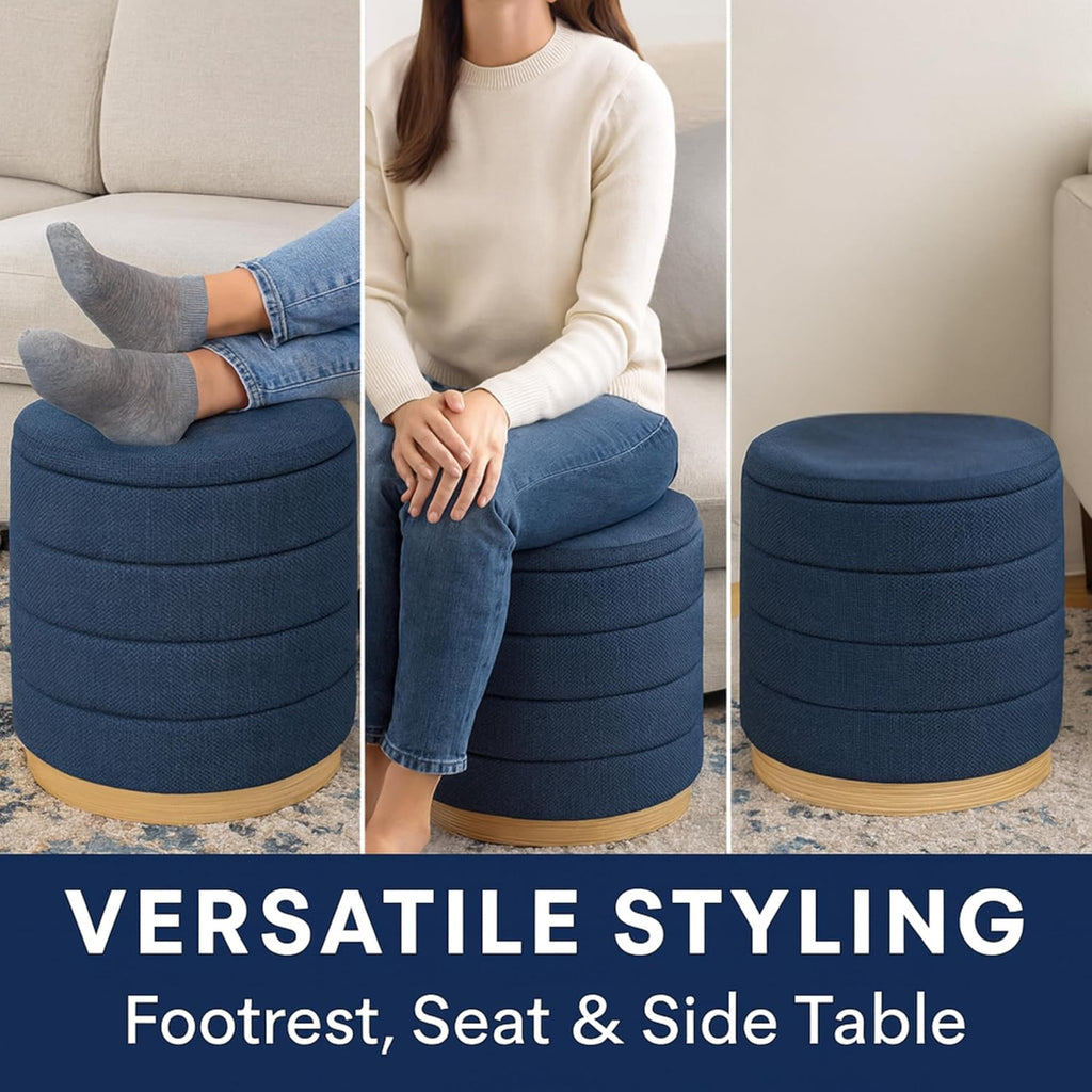 Round Ottoman with Storage – Elegant Durable Linen Upholstered Footrest Bench for Living Room, Cylinder Vanity Stool – Dark Blue