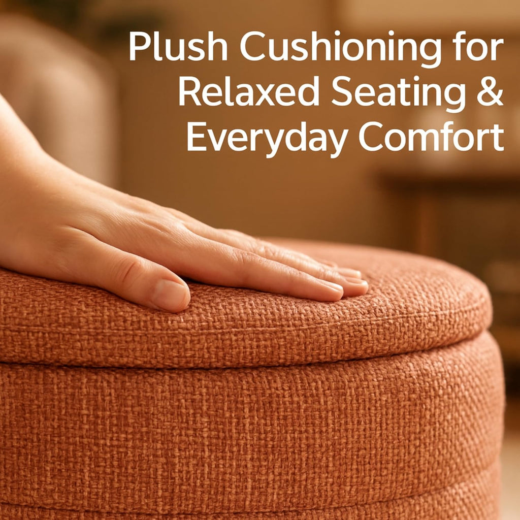 Round Ottoman with Storage – Elegant Durable Linen Upholstered Footrest Bench for Living Room, Cylinder Vanity Stool – Coral Orange