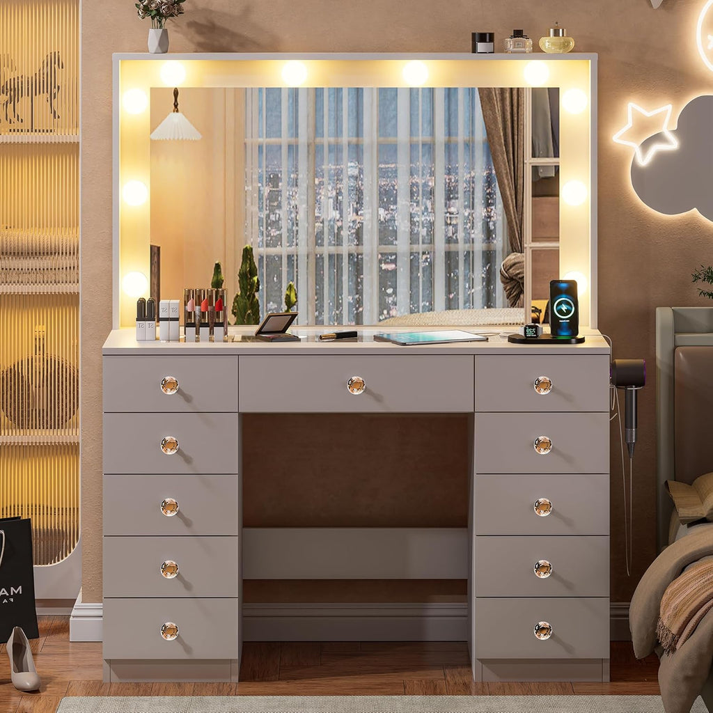 DINGIPP Vanity with Large Mirror and 10 LED Lights, Vanity Desk with Glasstop, 11 Drawers with Crystal Handles, Dressing Table with Power Outlet as Gift for Women, Girls (White)