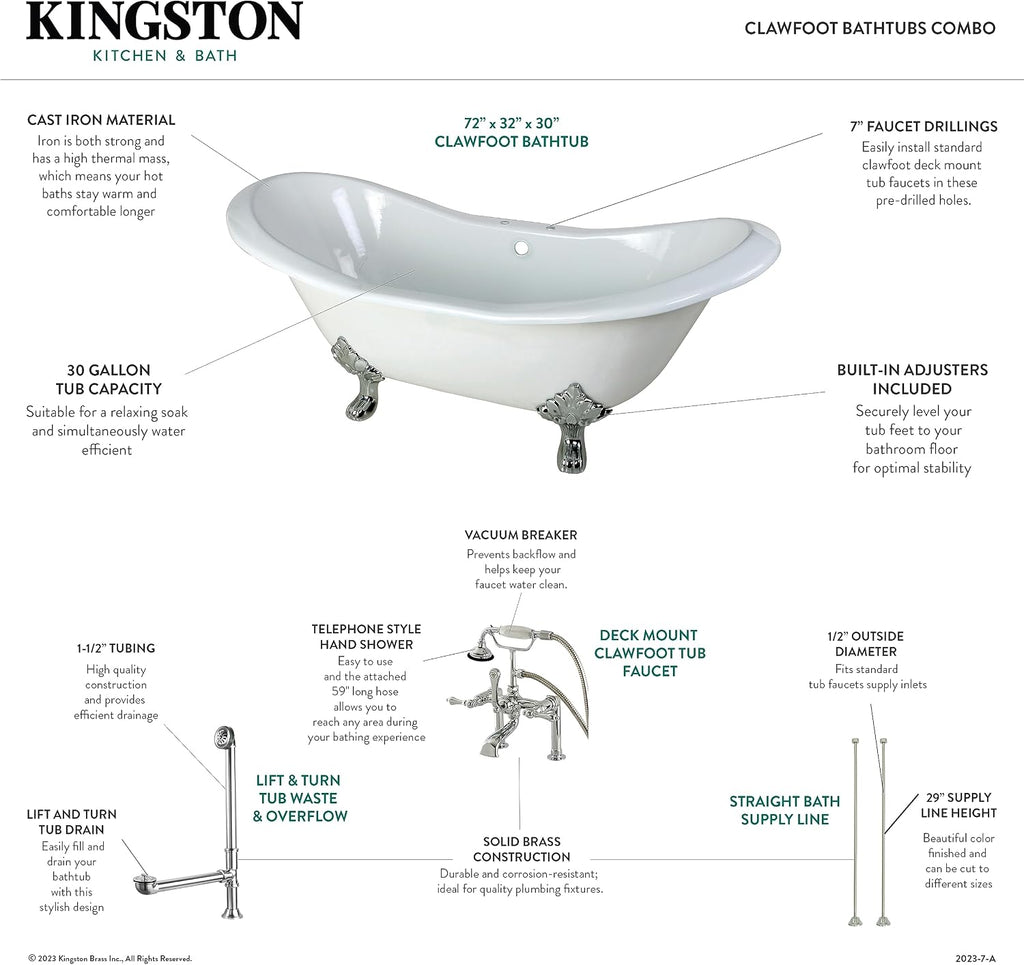 Kingston Brass KCT7D7231C5 Aqua Eden Tub with Faucet Drain/Lines Combo 72-1/16' x 30-7/8' x 30-5/16' White/Oil Rubbed Bronze