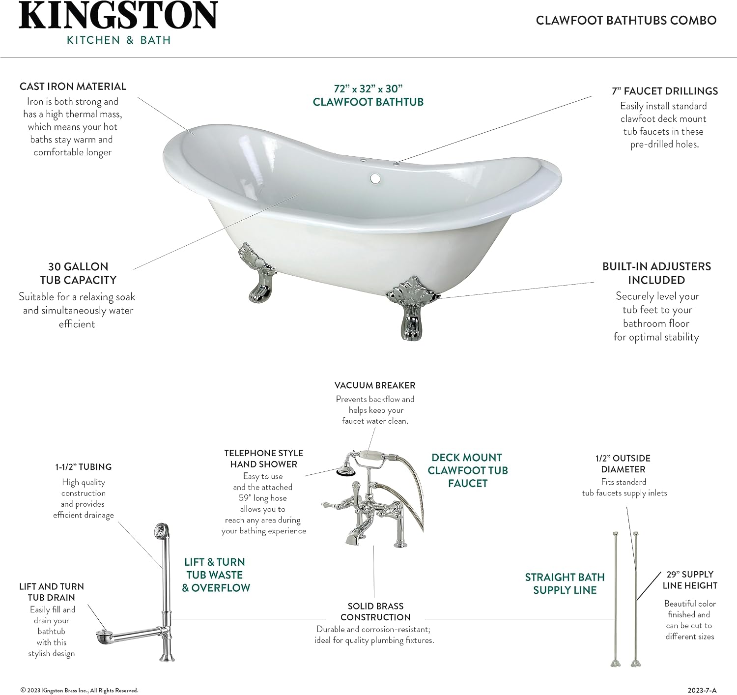 Kingston Brass KCT7D7231C5 Aqua Eden Tub with Faucet Drain/Lines Combo 72-1/16' x 30-7/8' x 30-5/16' White/Oil Rubbed Bronze