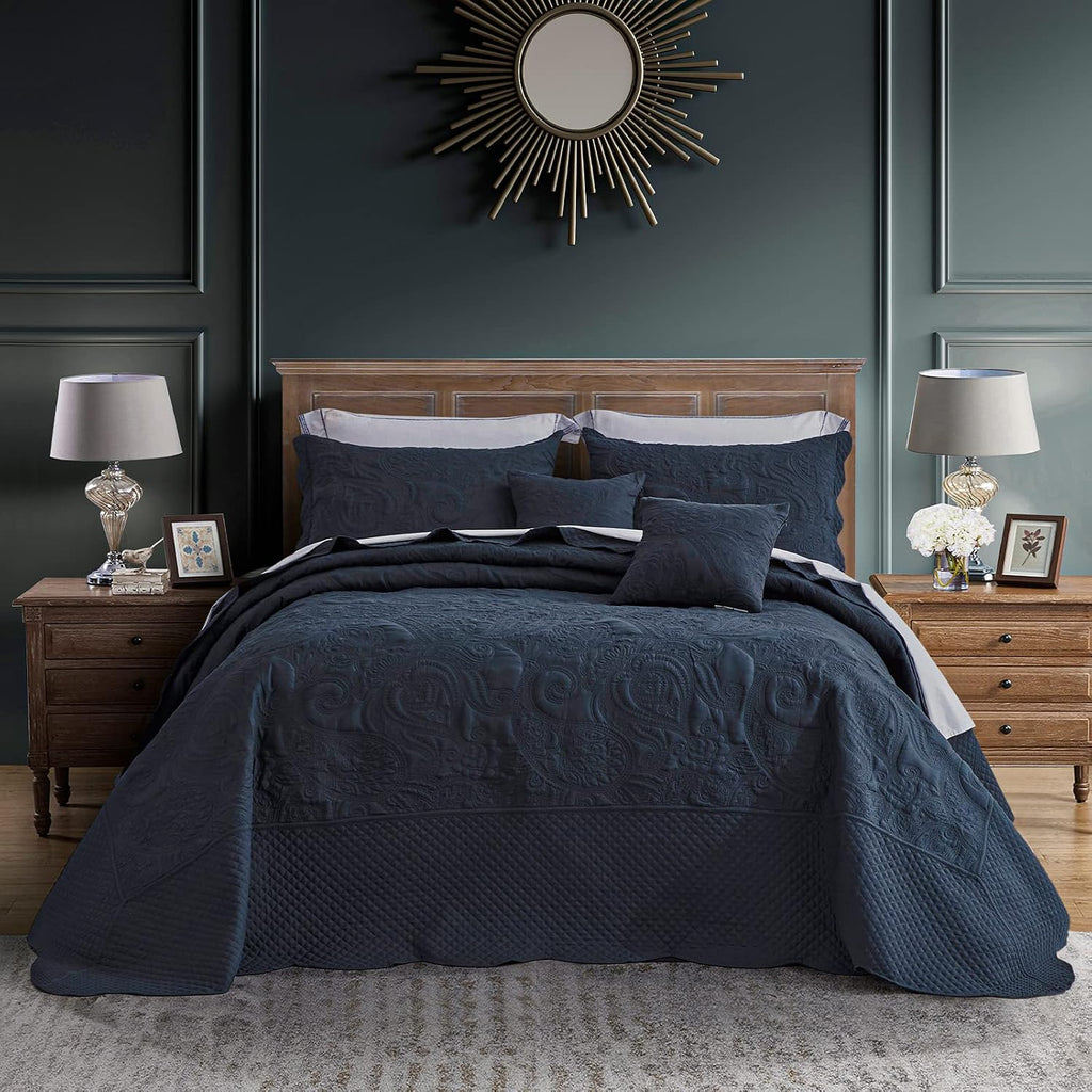 Oversized King Bedspread, Paisley Pattern Design, Lightweight Bedding Cover, Reversible, 5 Piece, 100% Microfiber, Navy Blue