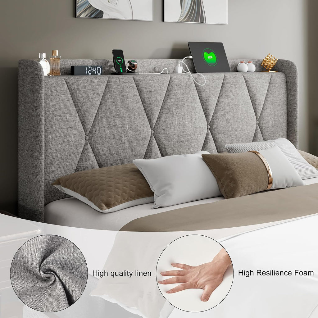 Feonase Queen Bed Frame with 4 Storage Drawers, Upholstered Button Tufted Storage Headboard with Fast Charging Station, Heavy Duty Slats Support, No Box Spring Needed, Noise-Free, Light Grey