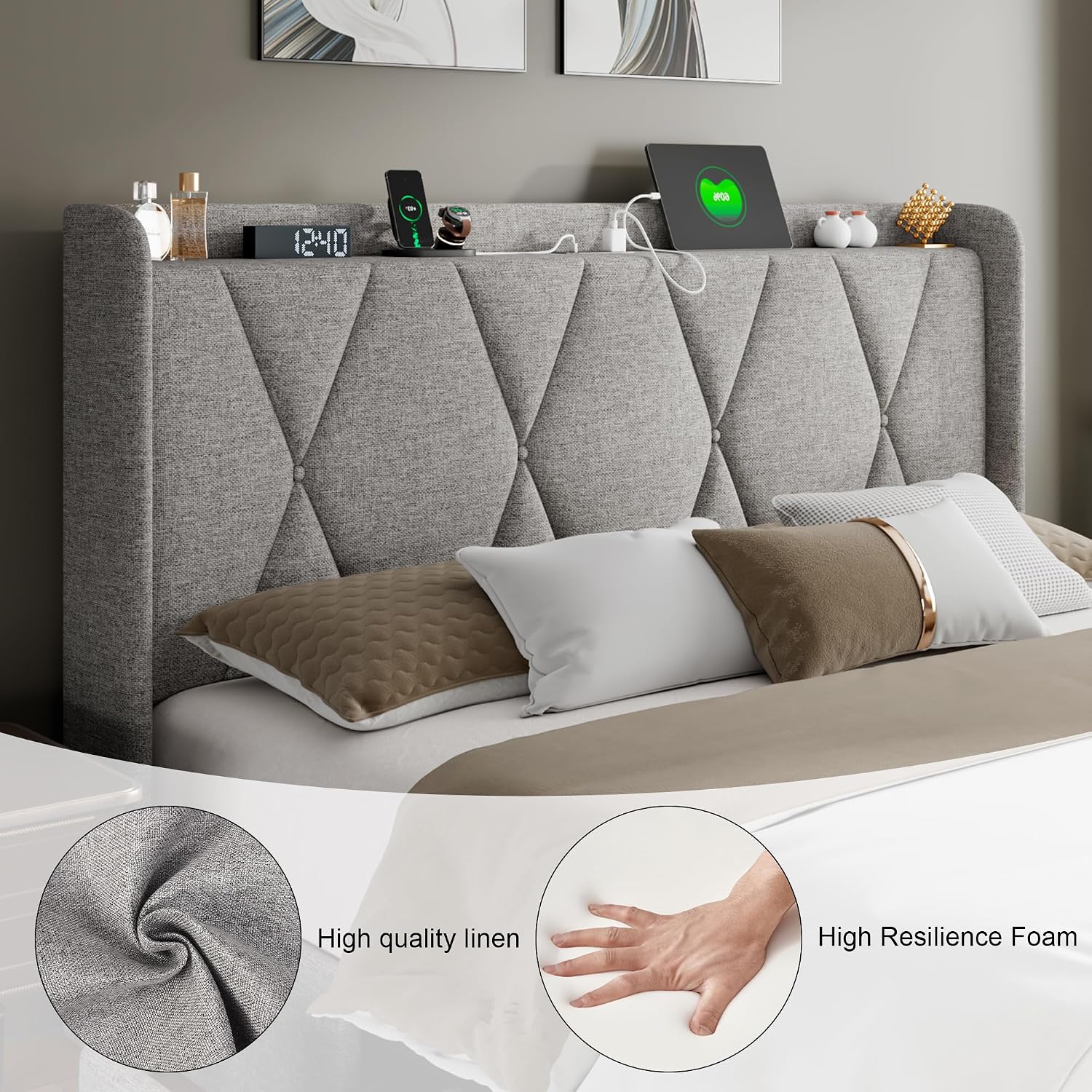 Feonase Queen Bed Frame with 4 Storage Drawers, Upholstered Button Tufted Storage Headboard with Fast Charging Station, Heavy Duty Slats Support, No Box Spring Needed, Noise-Free, Light Grey