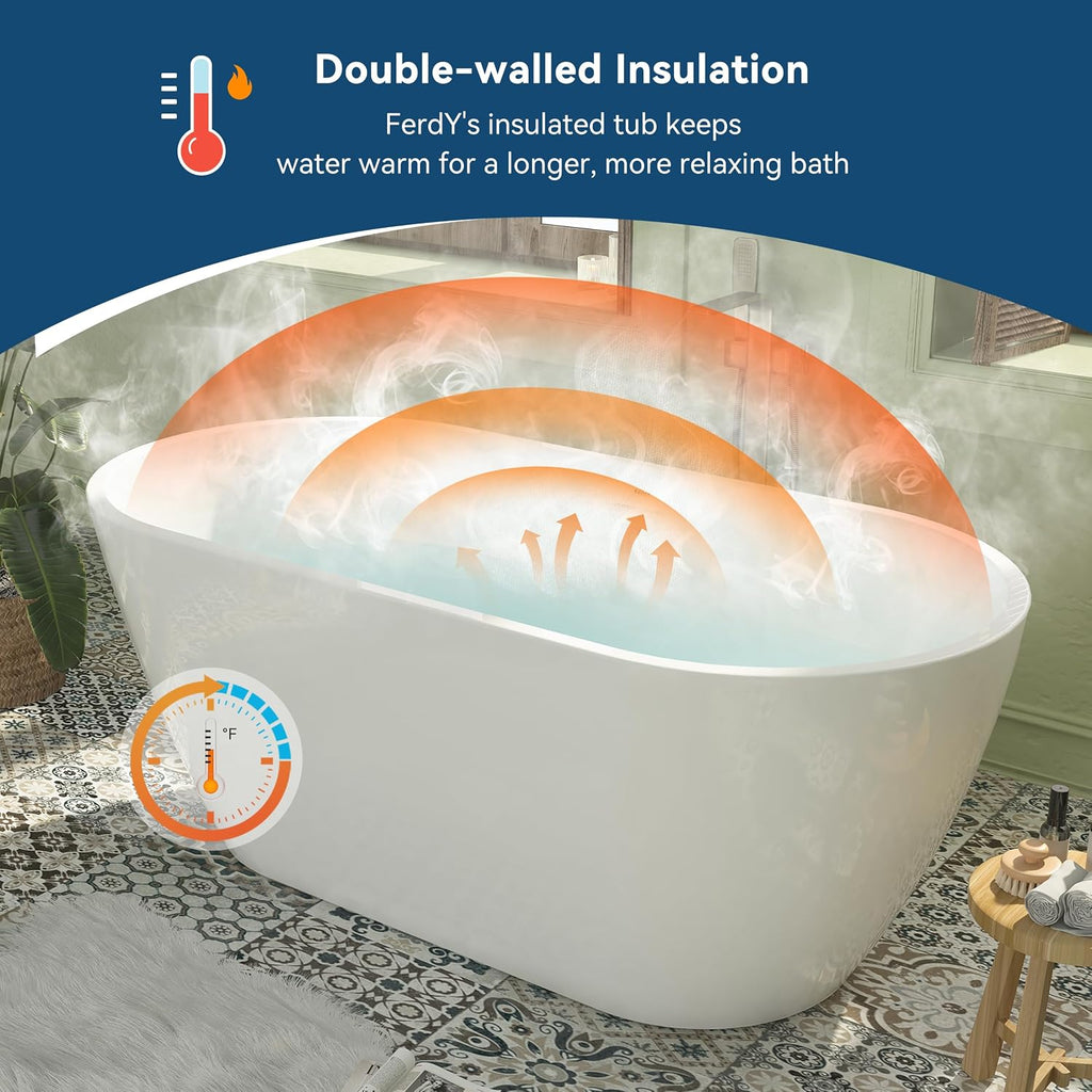 FerdY 59' Bali Elite Acrylic Freestanding Bathtub, Gracefully Shaped Freestanding Soaking Bathtub, cUPC Certified, Toe-Tap Brushed Nickel Drain and Minimalist Linear Design Overflow Included