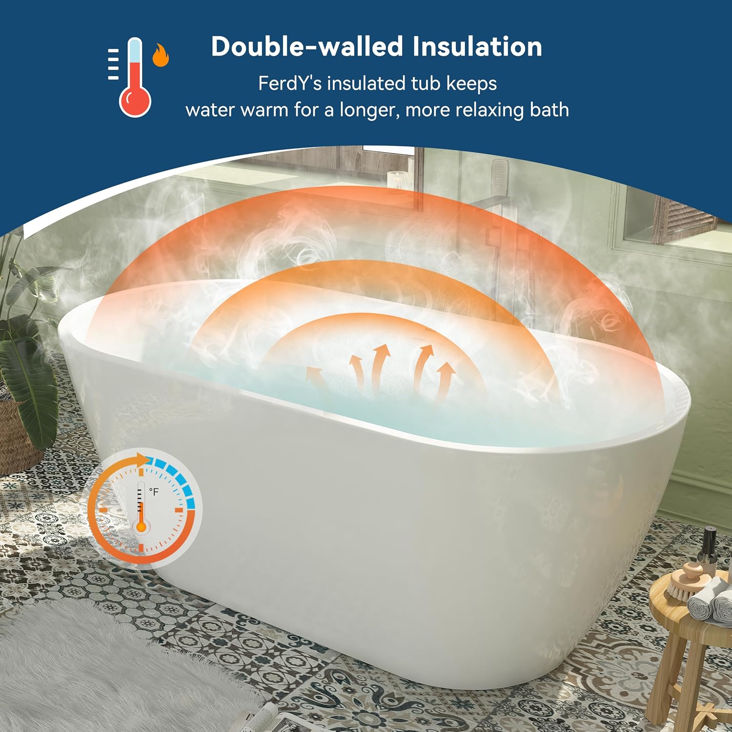 FerdY 59' Bali Elite Acrylic Freestanding Bathtub, Gracefully Shaped Freestanding Soaking Bathtub, cUPC Certified, Toe-Tap Brushed Nickel Drain and Minimalist Linear Design Overflow Included