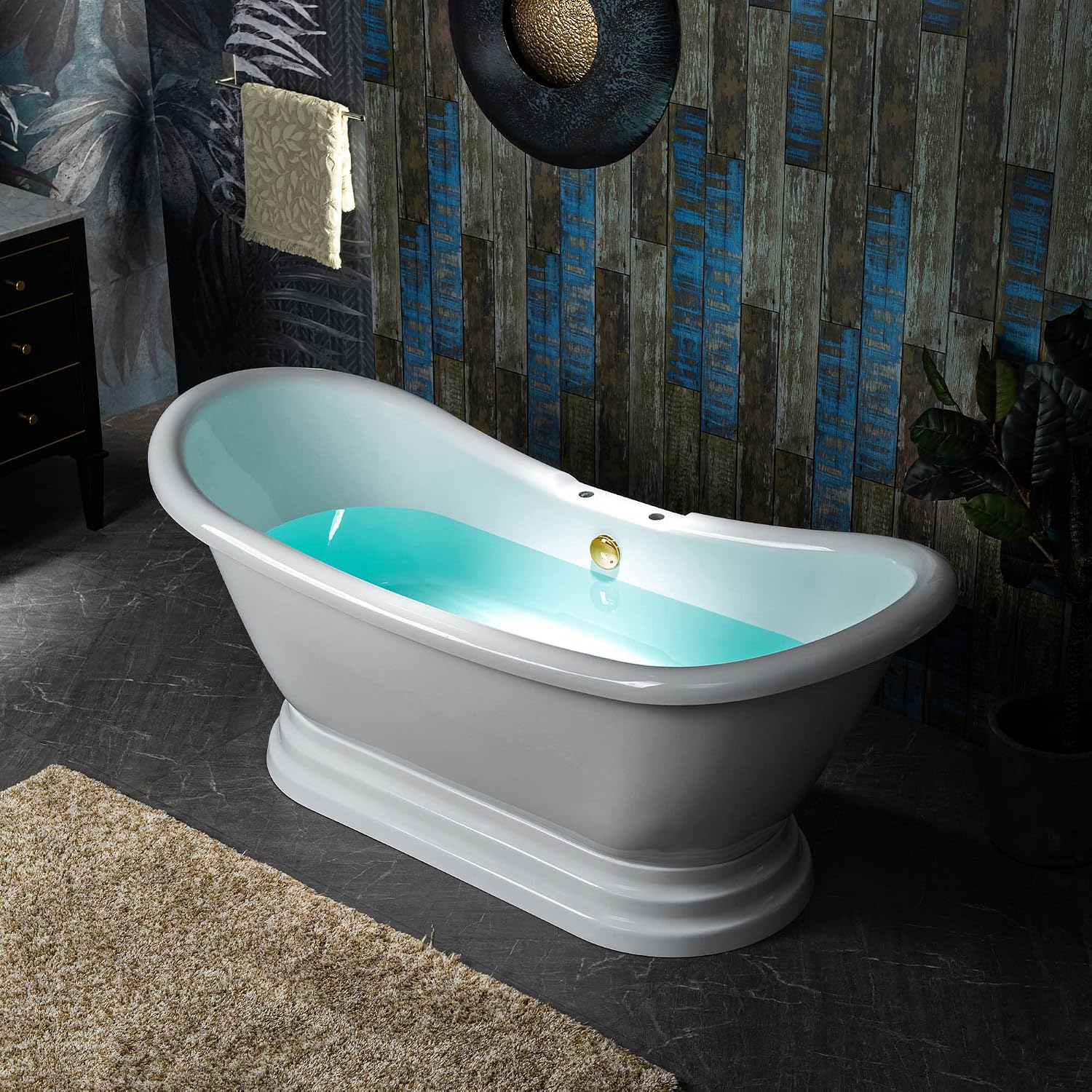 WOODBRIDGE 69 1/4' Acrylic Freestanding Bathtub Contemporary Soaking Tub, White Acrylic, Polished Gold Drain/Overflow