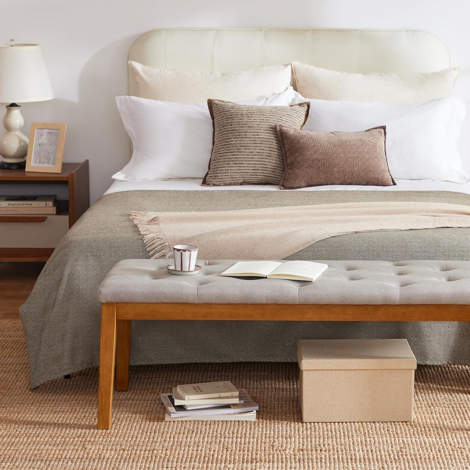 Ottoman Bench Upholstered Padded Seat with Solid Wood Legs and Button-Tufted, Big Oversized Ottoman, Linen Taupe