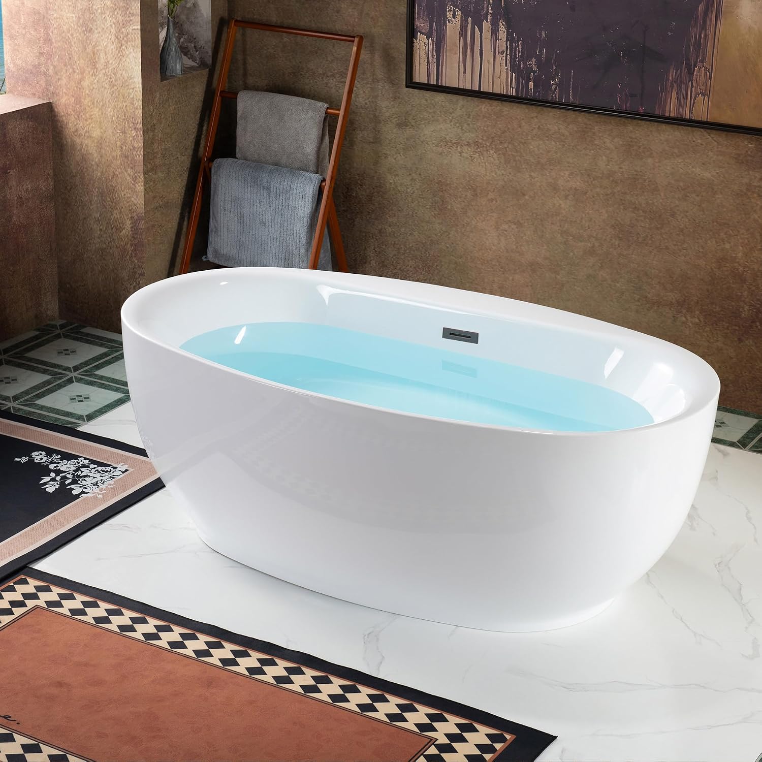 WOODBRIDGE 66' Acrylic Freestanding Bathtub Contemporary Soaking White Tub with Oil Rubbed Bronze Overflow and Drain，B0027-ORB