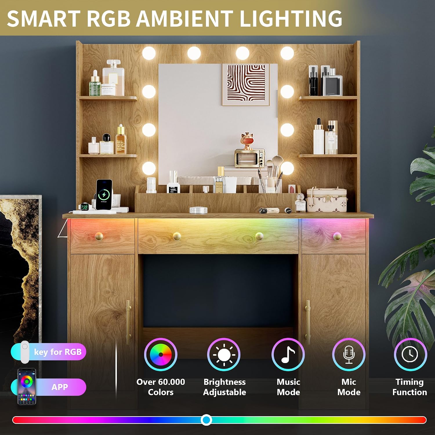 Vanity Desk with Mirror and Lights, 43'' Makeup Dressing Table Set with 5 Drawers & Power Outlet, 3 Lighting Modes Brightness Adjustable, Vanity with RGB Ambient Light for Women Girls Bedroom, Oak
