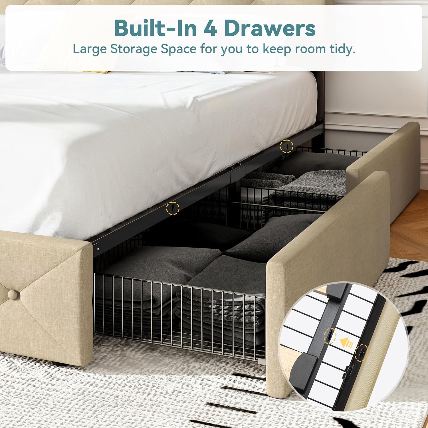 HOOMIC King Platform Storage Bed Frame with 4 Drawers & Adjustable Headboard, Wooden Slats, No Box Spring Needed,Diamond Stitched Button Tufted Design,Beige