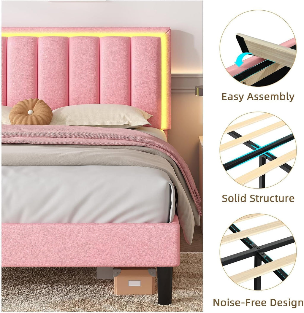 IMMERSTABLE Full Size Bed Frame with RGB LED Lights, Upholstered Platform Bed Frame with Headboard, Wood Slat Support, No Box Spring Needed, Quiet Design, Easy Assembly, Light Pink